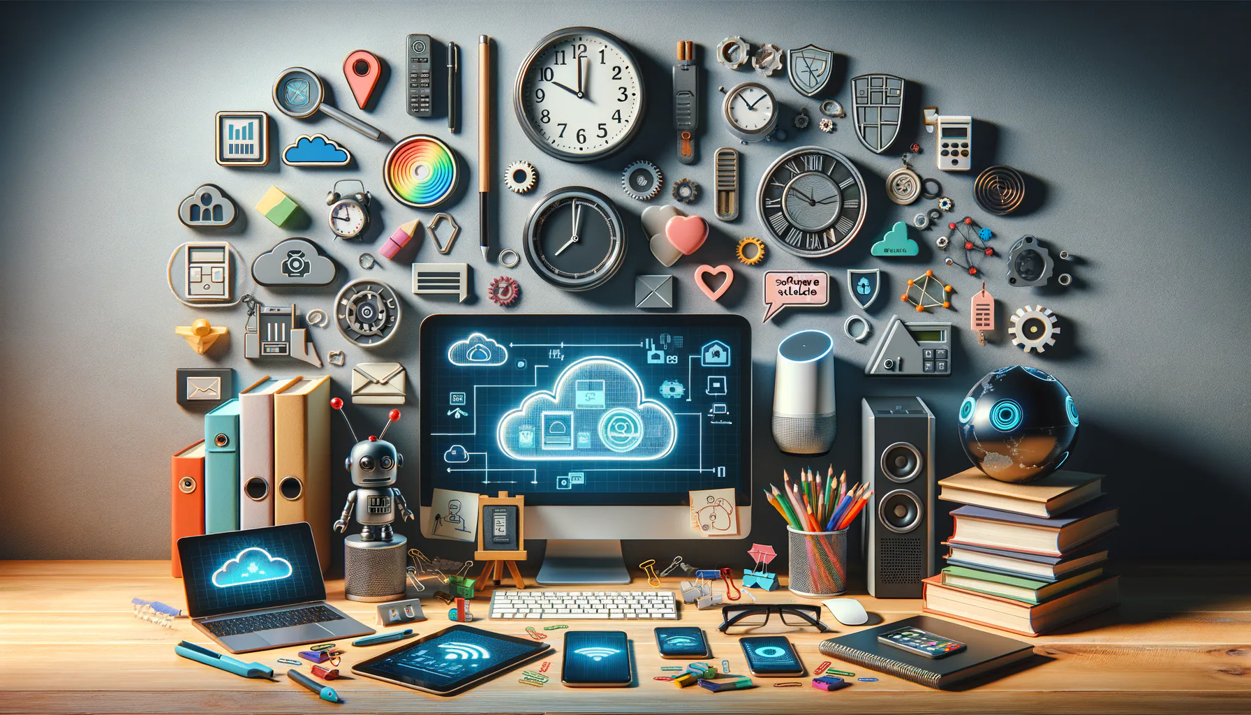KDB Tech-Update 202504051502 Technik- und Lern-Elemente auf einem Schreibtisch: Computer, Tablet und Smartphone mit Cloud-, Sicherheits- und Update-Symbolen zur IT-Organisation.