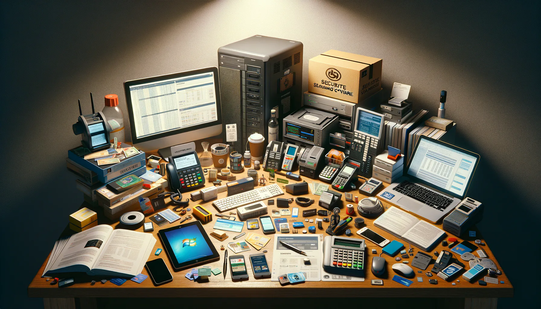 KDB Tech-Update 202504060501 Unübersichtlicher Arbeitsplatz mit Server-Tower, Displays, Kartenlesern und Dokumenten; verdeutlicht Technik, Datenverarbeitung und Sicherheit.