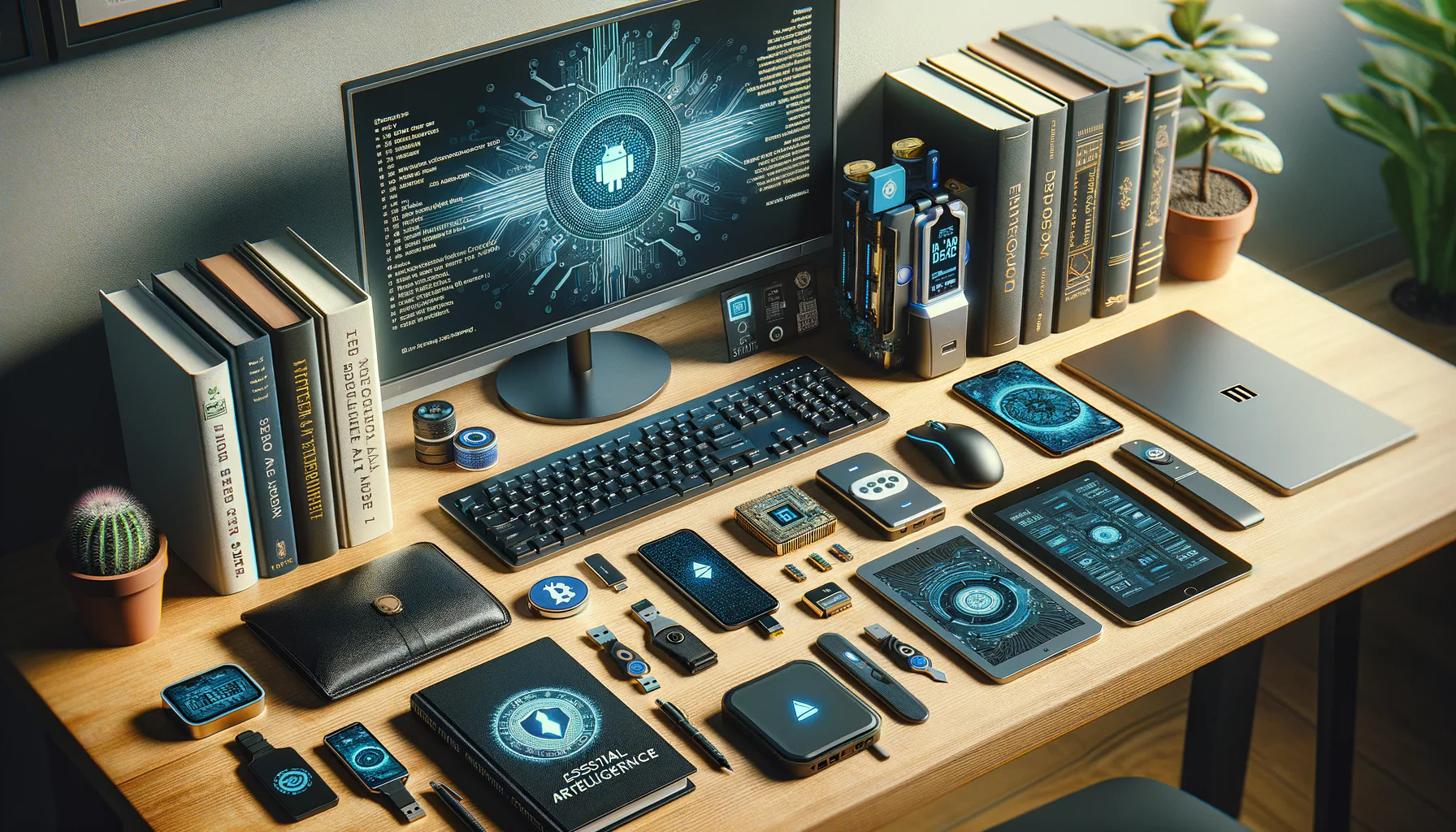 KDB Tech-Update 202504070506 Tech-Arbeitsplatz mit Monitor, Tastatur, Smartphone und Tablet; USB-Sticks, Hardware-Speicher und Bücher als Übersicht für Datensicherung und IT-Sicherheit.