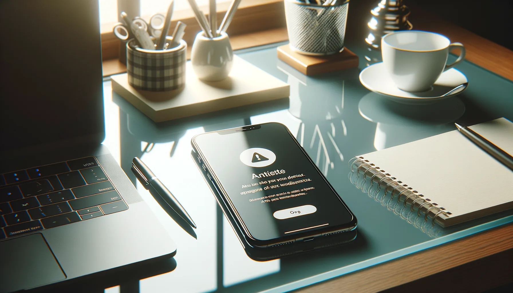 KDB Tech-Update 202504071506 Smartphone auf sauberem Schreibtisch zeigt Update-Alarm; daneben Laptop, Stift, Notizbuch und Tasse—saubere Arbeitsumgebung zur Softwarepflege.