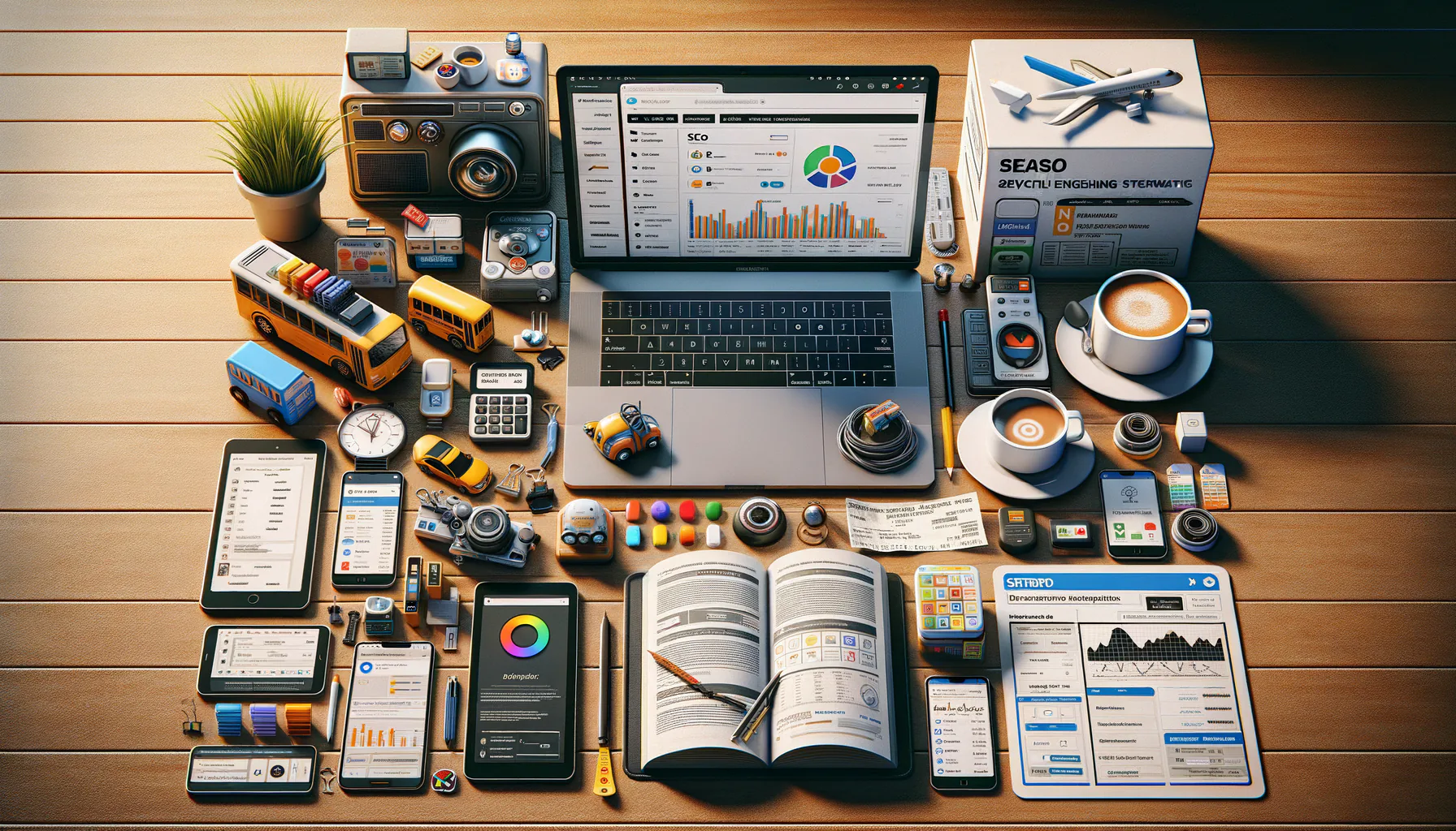 KDB Tech-Update 202504081503 Technik-Arbeitsfläche: Laptop mit Dashboard, mehrere Smartphones, Werkzeuge, Bücher und Ticketunterlagen—alles zur Planung, Auswertung und Pflege von Systemen.