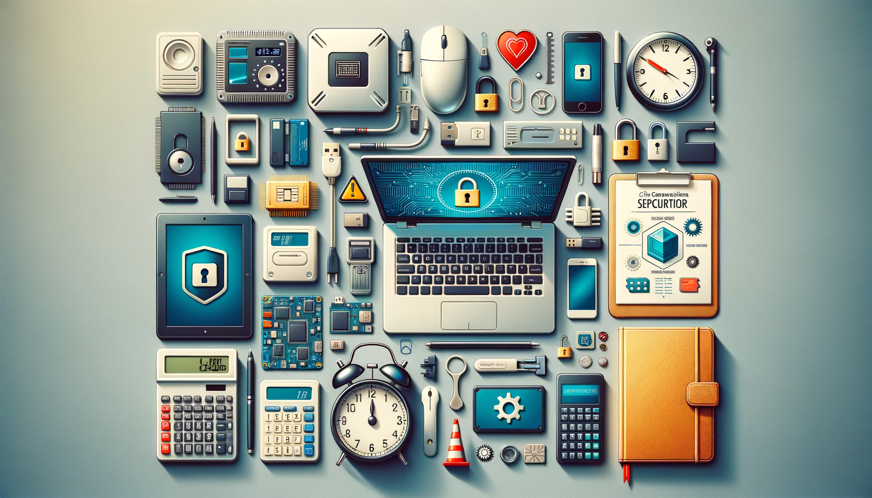 KDB Tech-Update 202504090505 Geordnete Technik- und Büro-Objekte um ein entsperrtes Laptopmotiv: zeigt Sicherheits- und Update-Themen.
