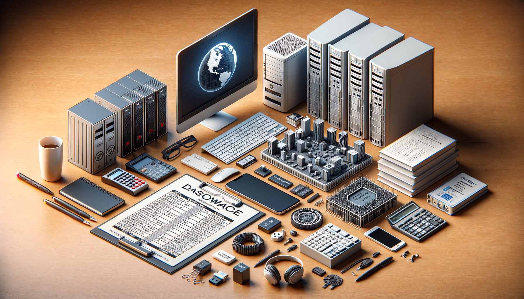 KDB Tech-Update 202504100505 Arbeitsplatz mit Computermonitor, Servern, Rechen-/Preistabellen, Dokumenten und Modell-Datenzentrum; symbolisiert IT-Update, Sicherheit und Datentransfer.