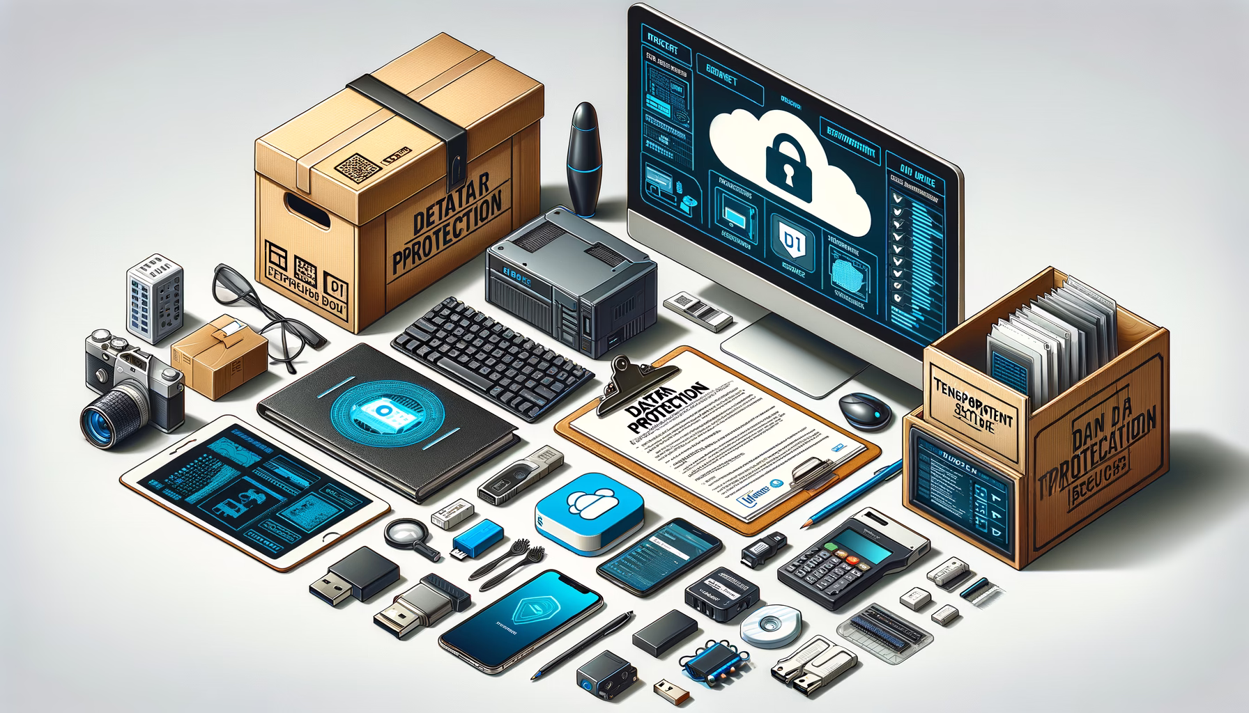 KDB Tech-Update 202504101505 Technik-Set am Schreibtisch: Ordner mit Datenschutz, Geräte zum Security-Testing, Cloud- und USB-Speicher, sowie Smartphone und Tablet zur Auswertung.