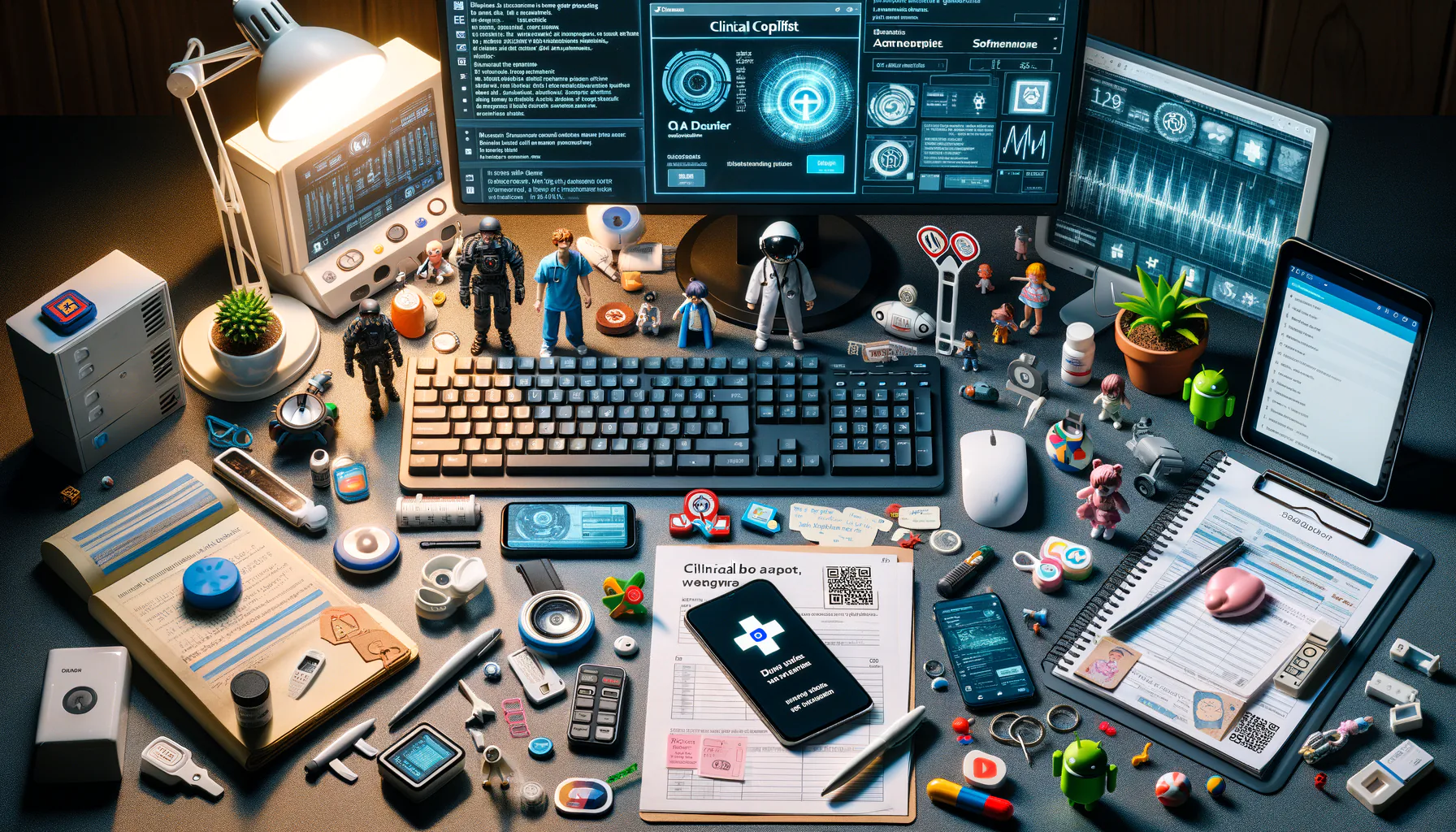 KDB Tech-Update 202504110501 Arbeitsplatz-Übersicht mit Monitoren, Tastatur, Telefonen, Dokumenten mit QR-Code und Spielzeugfiguren; Symbolisierung von Technik, Updates und Planung.
