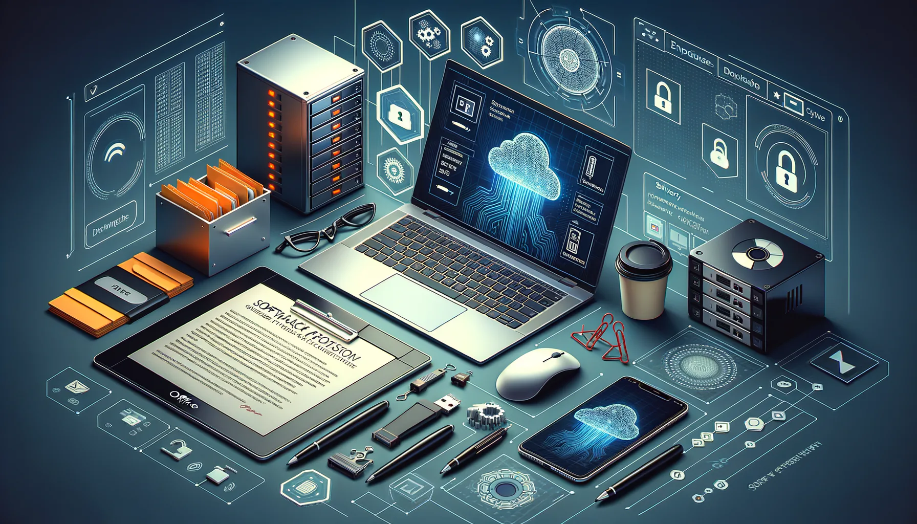 KDB Tech-Update 202504111506 Technik-Setup: Laptop mit Update/Datensicherung, Netzwerk-Schutzsymbolik, verschlüsselungsbezogene Handyanzeige und Dokument zur Datenschutzrichtlinie.