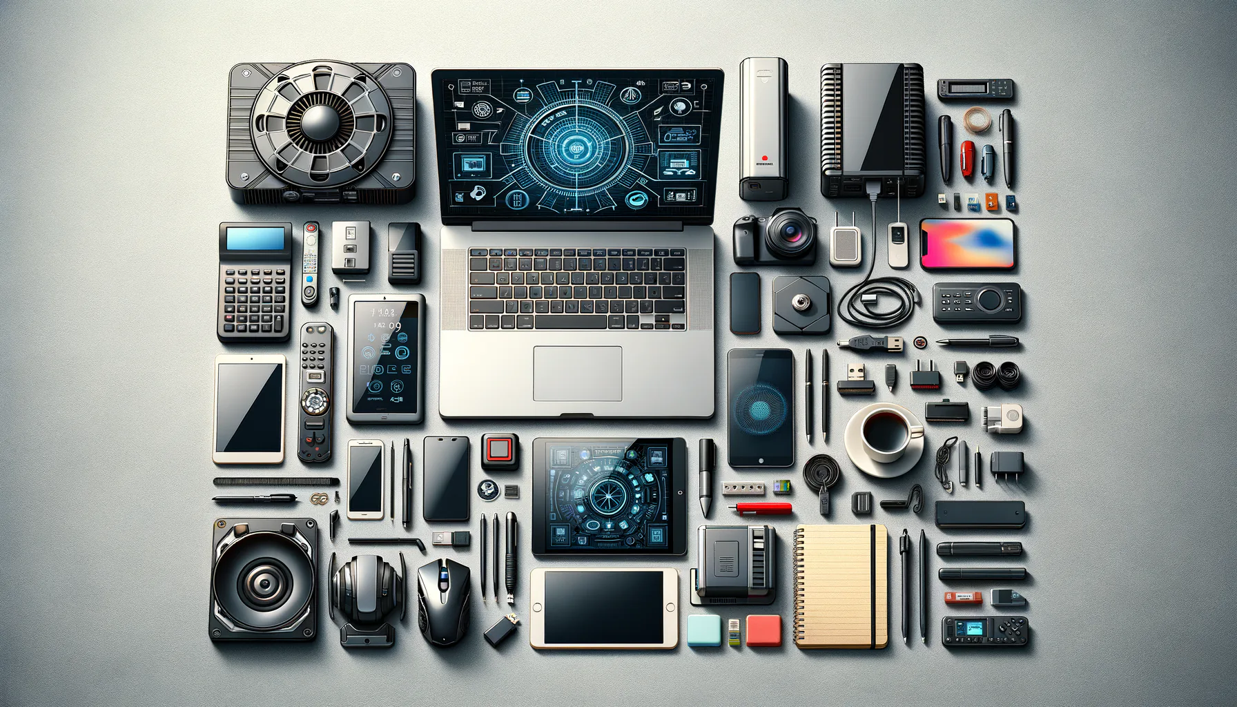 KDB Tech-Update 202504120500 Zentraler Laptop mit Technik-Tools, Smartphone, Tablet, Router, Speichermedien, Kamera, Drucker und Notizblock – als kompakte Büro-/IT-Setup-Übersicht.