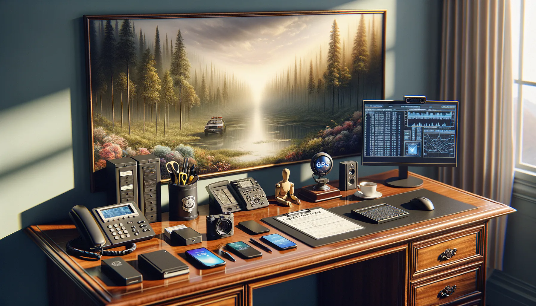KDB Tech-Update 202504130503 Arbeitsplatz mit Computer, GPS, Telefon, Datenspeichern und Formular auf einem Tisch; Monitor und Wandbild zeigen Technik- und Naturmotiv.
