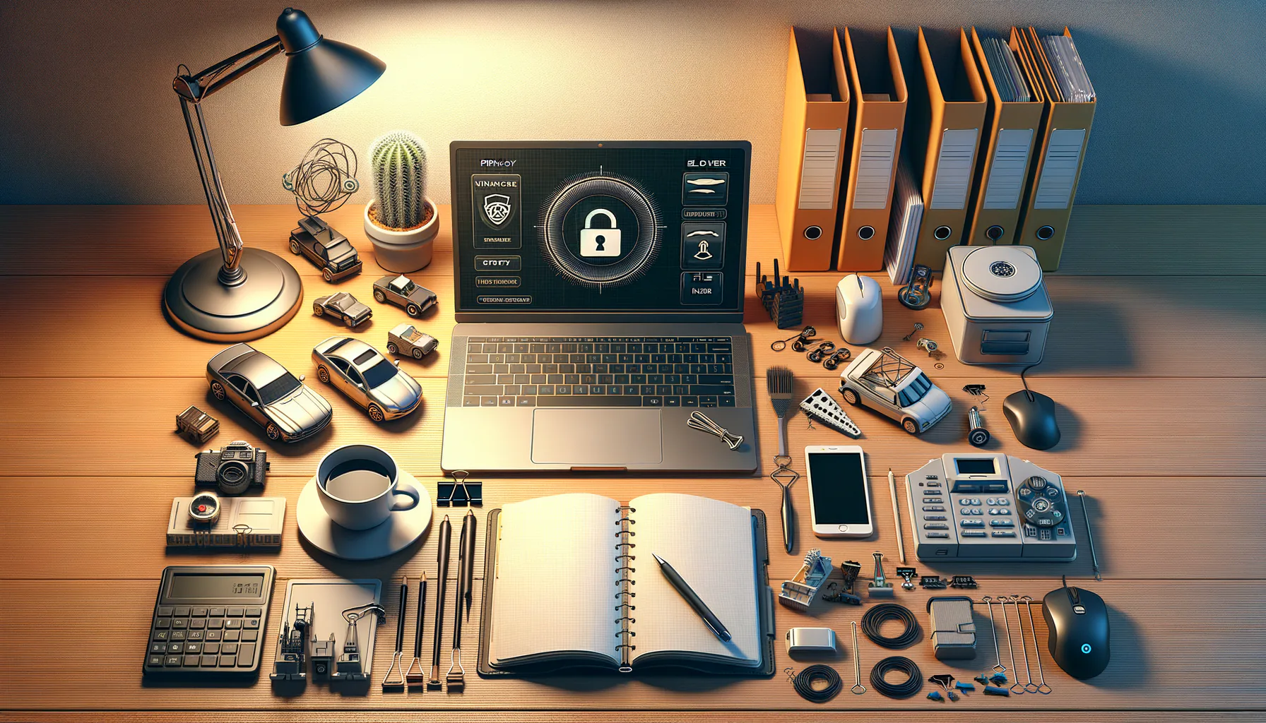 KDB Tech-Update 202504140505 Warme Büroecke: Laptop mit Sicherheitsoberfläche im Standby, Notebook und Stifte, Ordner, Maus und Lampe mit hängendem Headset.