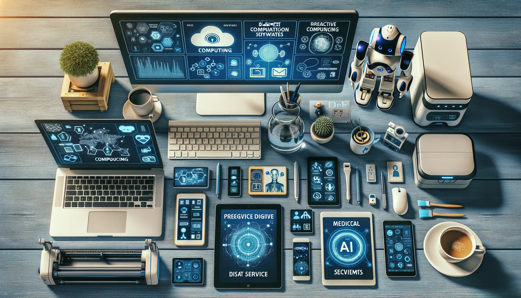KDB Tech-Update 202504141502 Übersichtliche Tech-Arbeitsfläche: mehrere Computer mit KI- und Sicherheits-Ansichten, Roboter, Mobilgeräte und Drucker zur digitalen Zusammenarbeit.