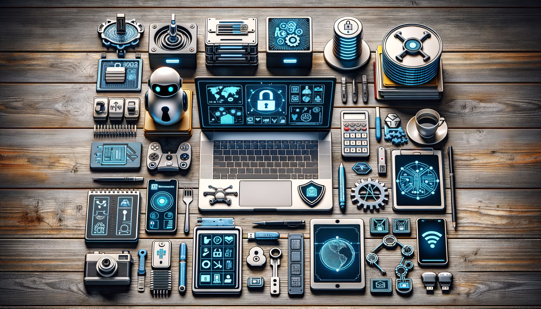 KDB Tech-Update 202504150504 Geordnete Computer- und Sicherheitselemente auf einem Tisch: Laptop, Authentifizierungssymbole, Netzwerk- und Cloud-Icons, Daten- und Zugriffs-Schutz.