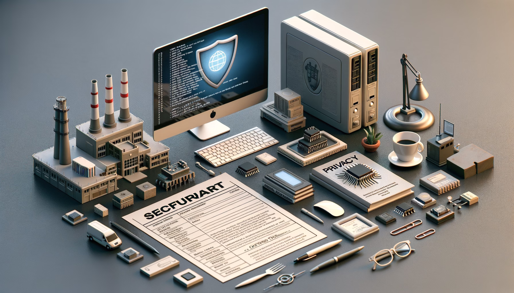 KDB Tech-Update 202504151501 Ordentlicher Arbeitsplatz mit Monitor, Server-/Firewall-Gehäuse, Speicherchips und Sicherheitsdokument, Symbol für IT-Schutz und Datenschutz.