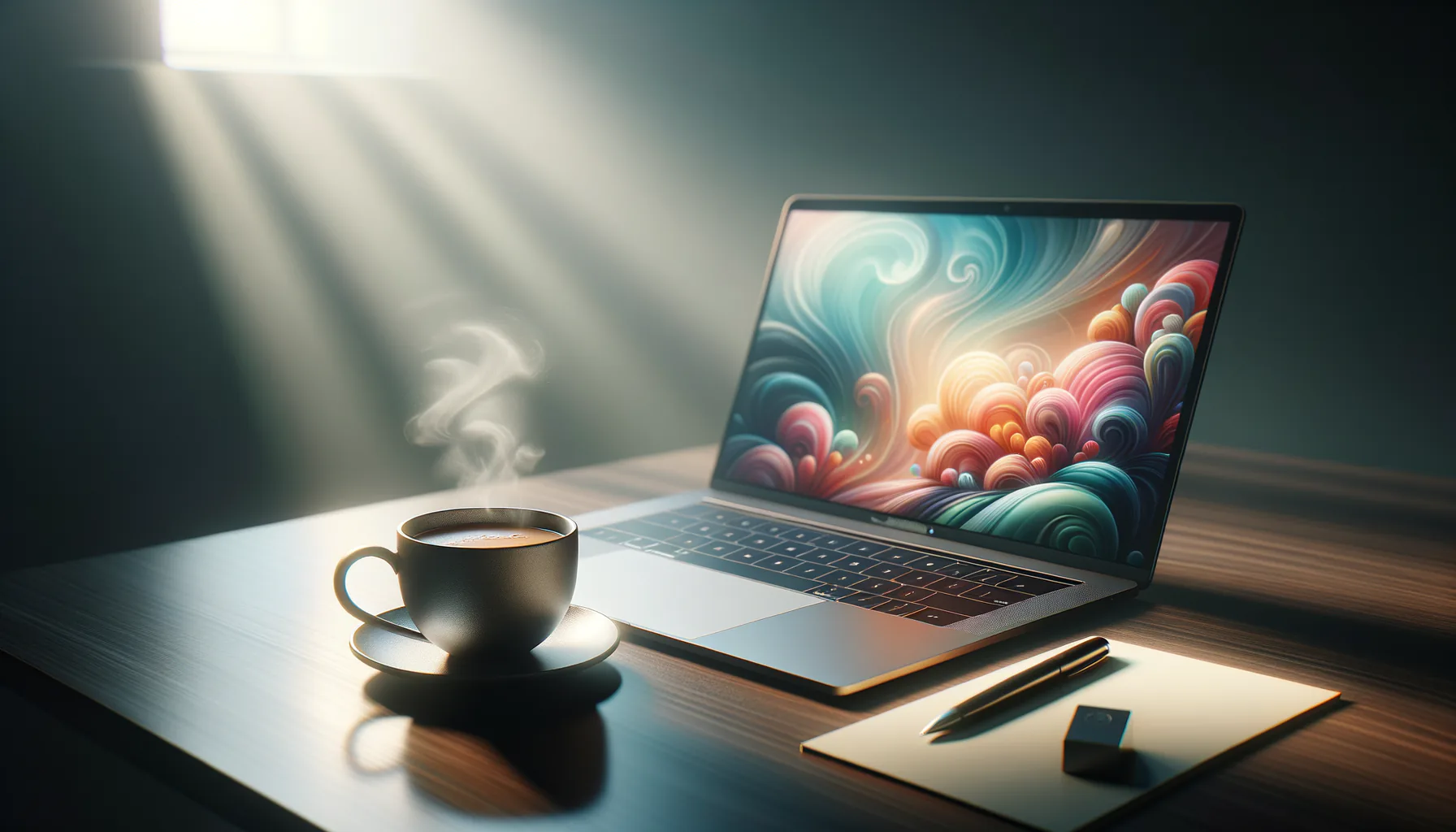 KDB Tech-Update 202504160501 Offenes Laptop auf dunklem Schreibtisch mit buntem Bildschirm; daneben eine dampfende Tasse, beleuchtet von weichem Tageslicht für ruhiges Arbeiten.