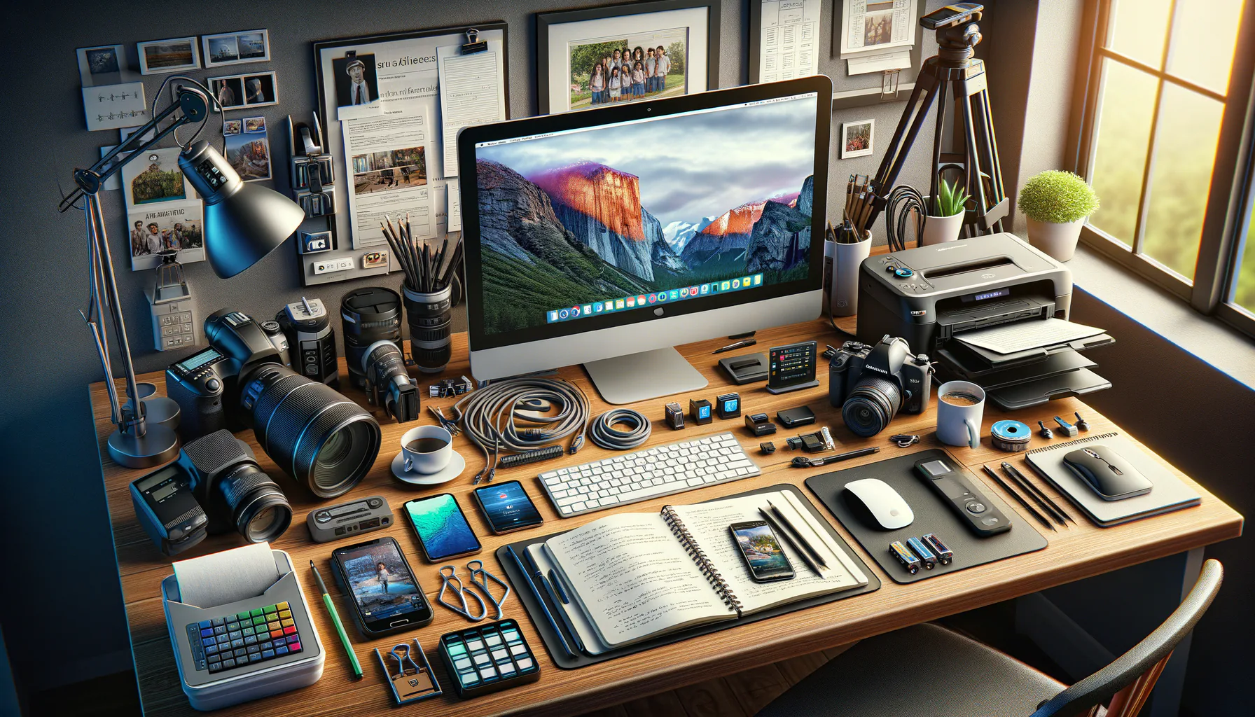 KDB Tech-Update 202504191506 Unaufgeräumter Schreibtisch mit PC-Monitor, Tastatur, Drucker, Webcam und Mikrofon; daneben Notizen, Stifte, Kabel und Fotoausrüstung zur Dokumentation.