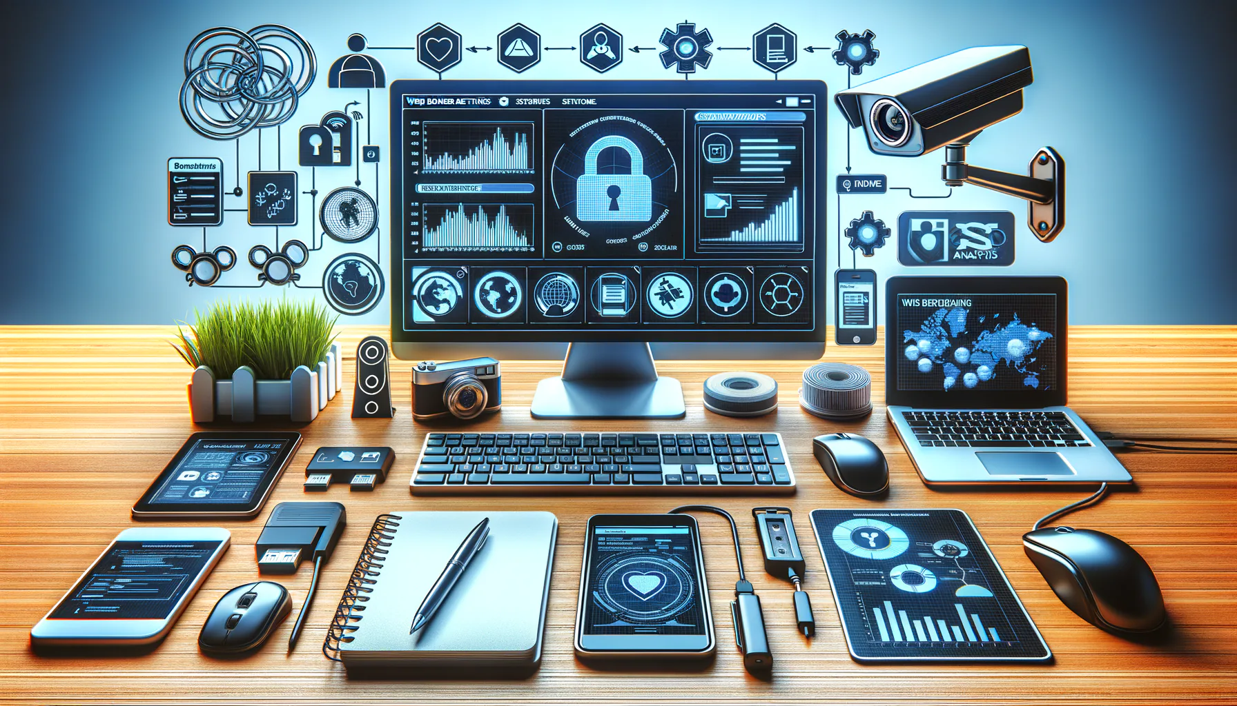KDB Tech-Update 202504200505 Schreibtisch mit Computerbildschirm, symbolischen Sicherheits- und Analyse-Interfaces sowie Geräten wie Smartphone, USB-Stick und Kamera für Tech-Updates.