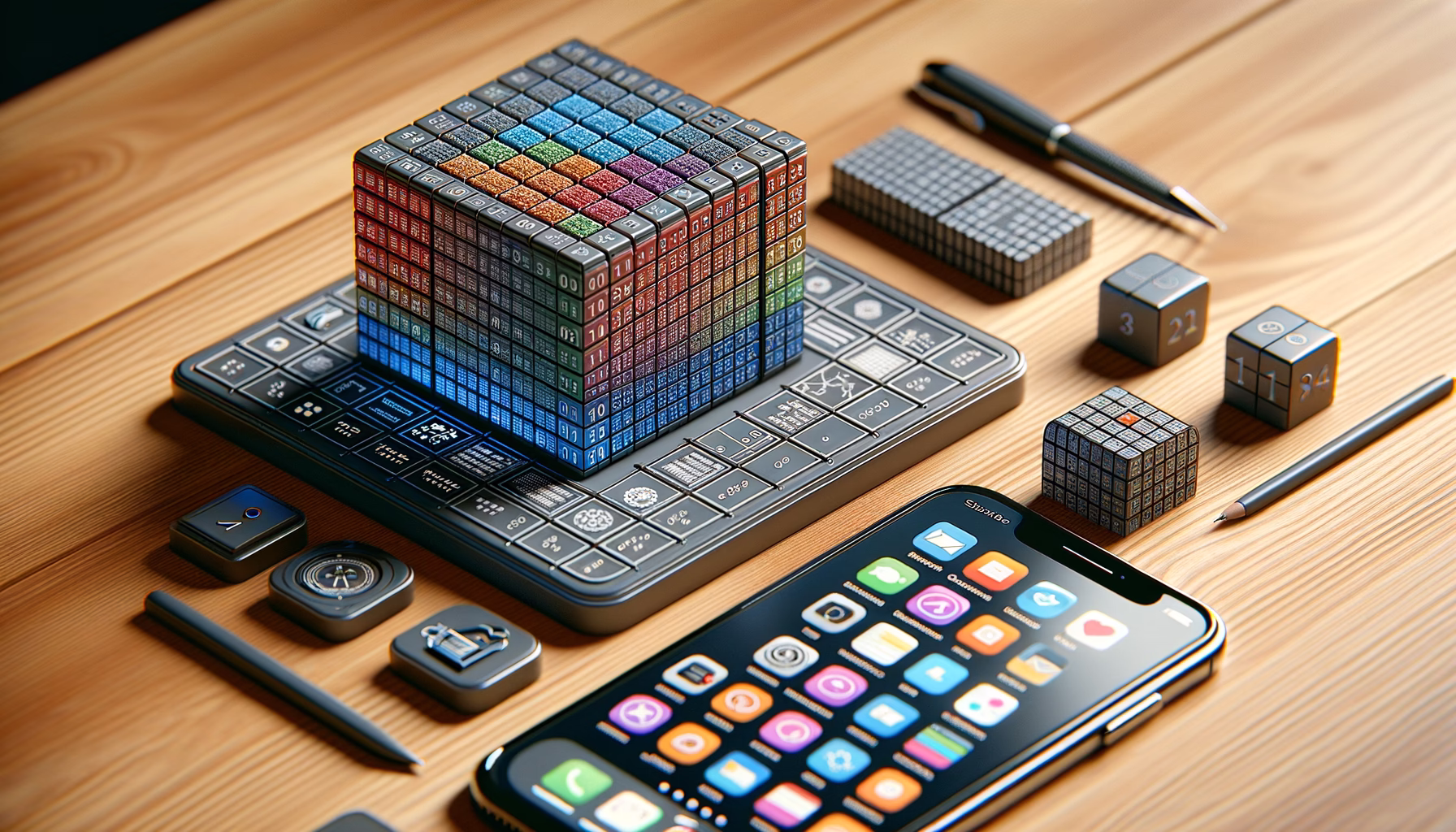 KDB Tech-Update 202504210505 Buntes 3D-Datenwürfel-Array mit 1en und 0en auf Tablet-Tastatur, daneben Smartphone und Bürogeräte; Symbol für moderne Datenverarbeitung.