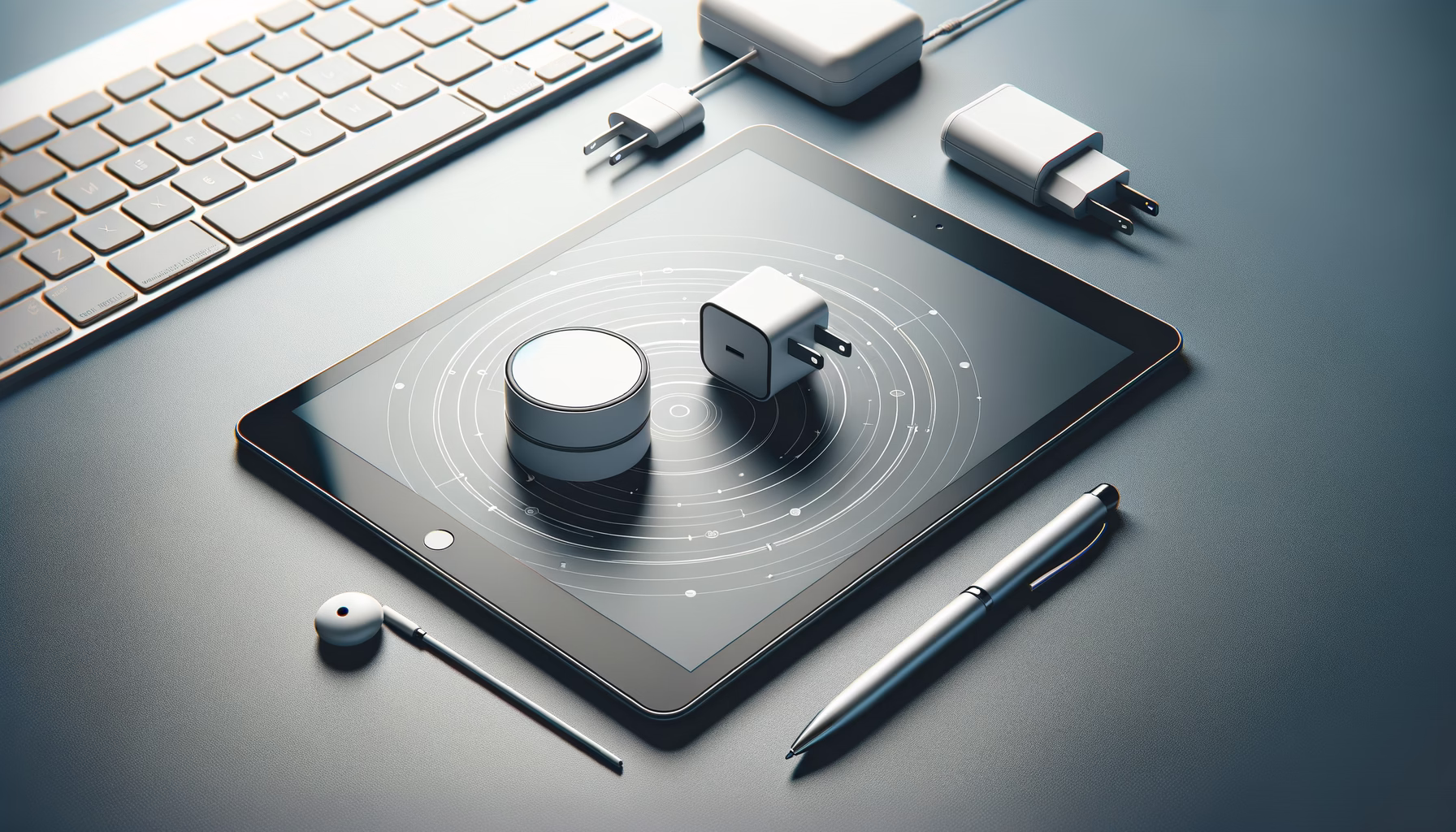 KDB Tech-Update 202504221503 Schreibtisch mit Tablet, Ladestecker und Adapter; zeigt professionelle Technik- und Sicherheitsintegration für Datenübertragung und Stromversorgung.