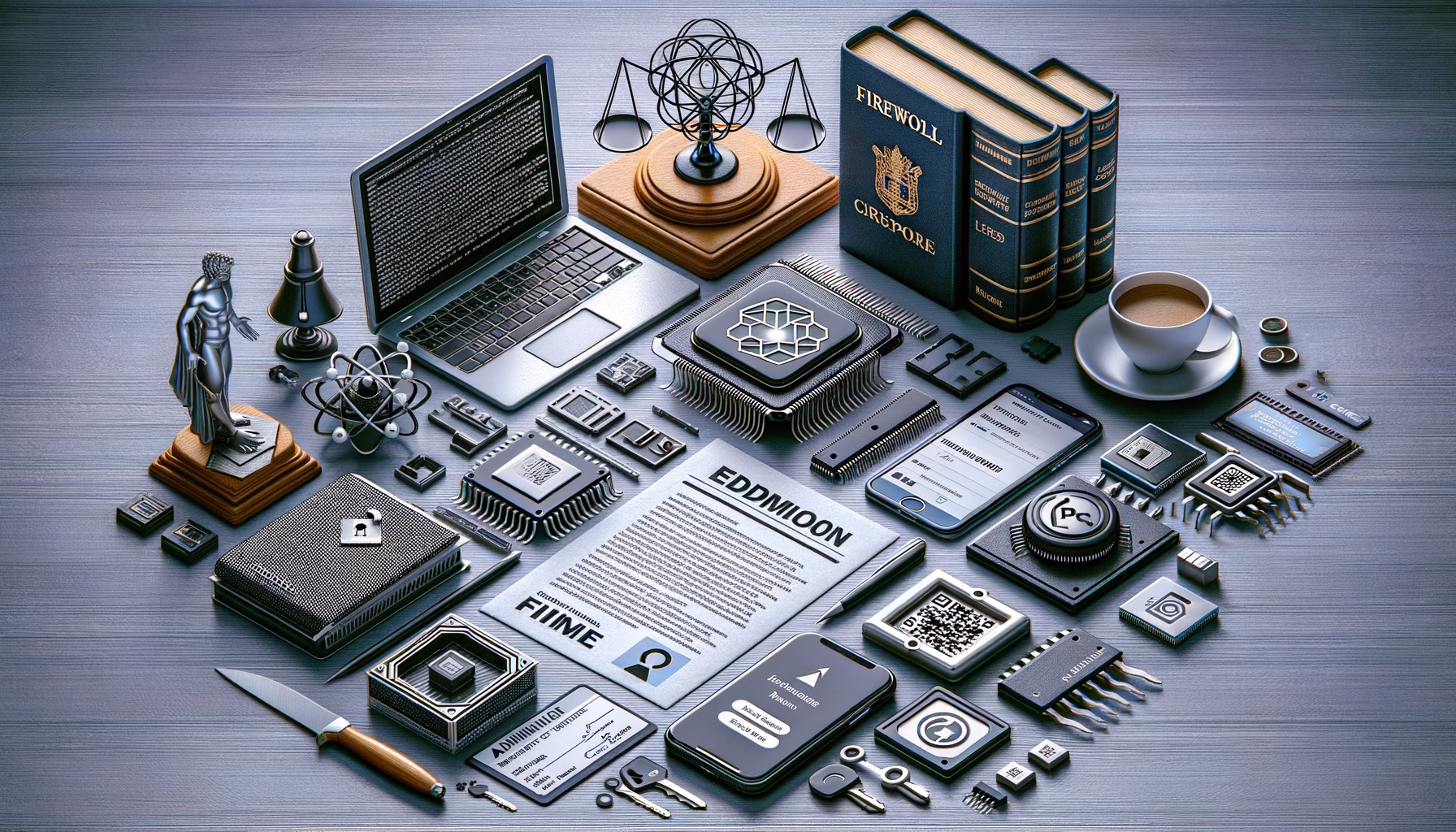 KDB Tech-Update 202504231504 Schreibtisch mit Laptop, Smartphone, Chips und Dokumenten zu Firewall, Phishing, Adminzugriff und System-Update als Symbol für IT-Sicherheit.