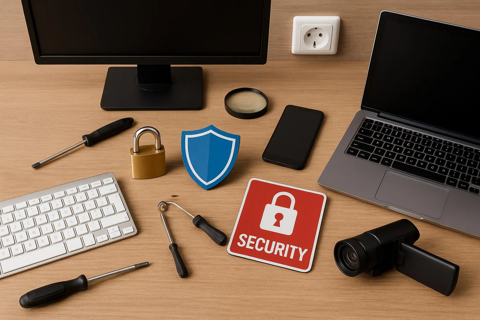 KDB Tech-Update 202504280633 Sicherheits-Setup auf einem Schreibtisch: Schild mit Schutz, Schloss/Schraubwerkzeug, Laptop/Smartphone und Kamera—stellt IT-Schutz und Wartung dar.