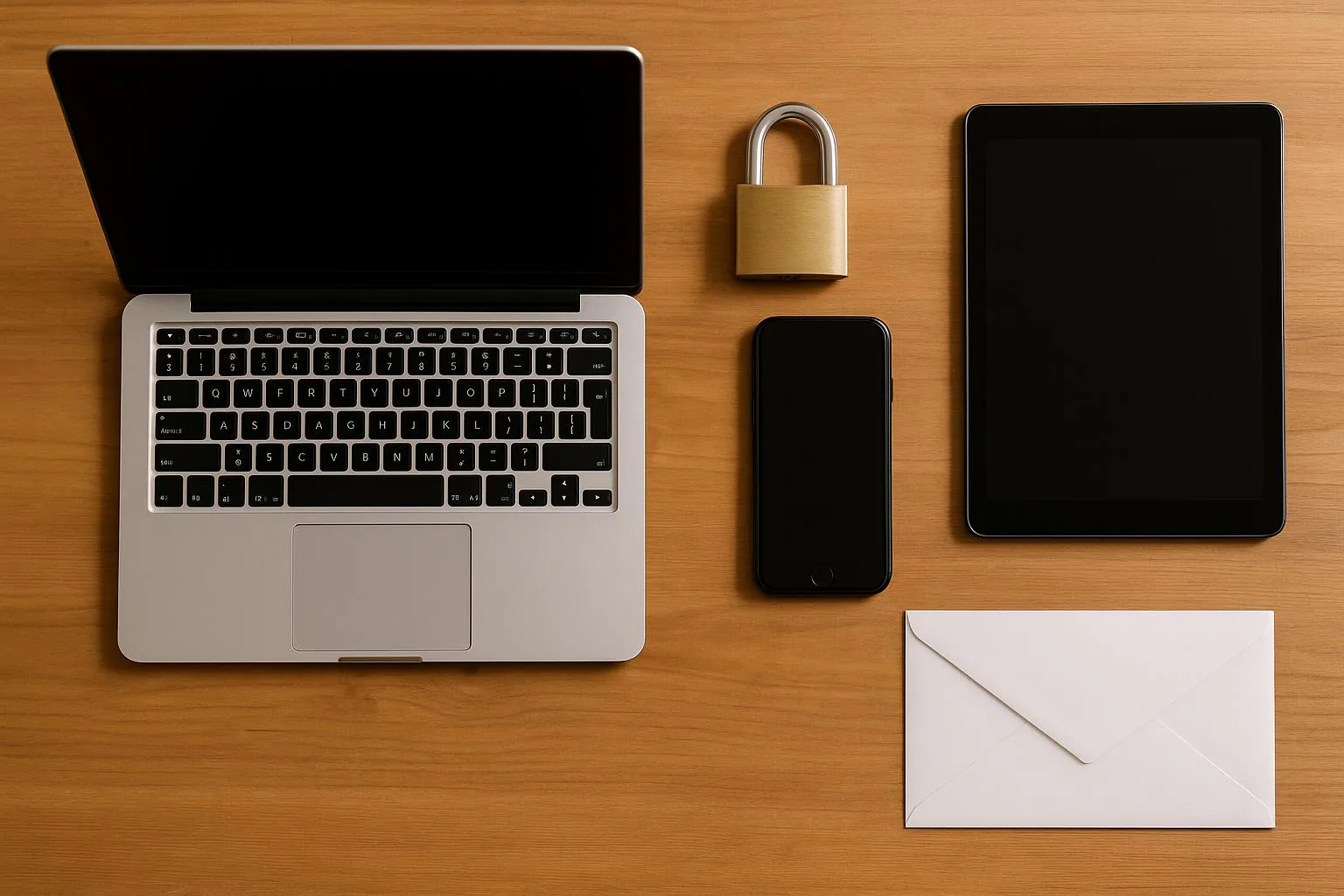 KDB Tech-Update 202504281519 Schreibtisch-Layout mit geöffnetem Laptop, gesperrtem Smartphone und Tablet, daneben Schloss und Briefumschlag; Symbol für Datensicherheit und Kommunikation.