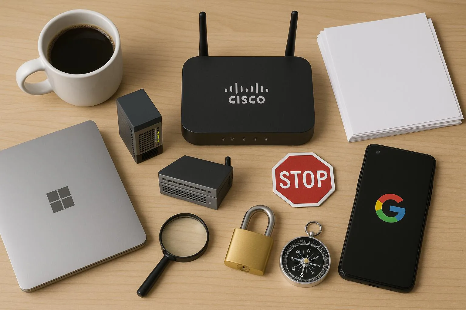 KDB Tech-Update 202504291501 Schreibtisch mit Netzwerkrouter, Mini-Server, Smartphone, Papierstapel und Symbolen für Sicherheit (Schloss, Stoppschild, Lupe, Kompass).