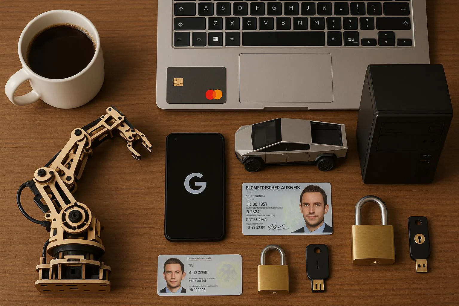KDB Tech-Update 202504301505 Schreibtisch mit Laptop, Smartphone, biometrischen Ausweisen, Karten, Robotarm-Bausatz, Kaffeetasse und USB-Sicherheitsschlüsseln; Motiv zur IT-Sicherheit.
