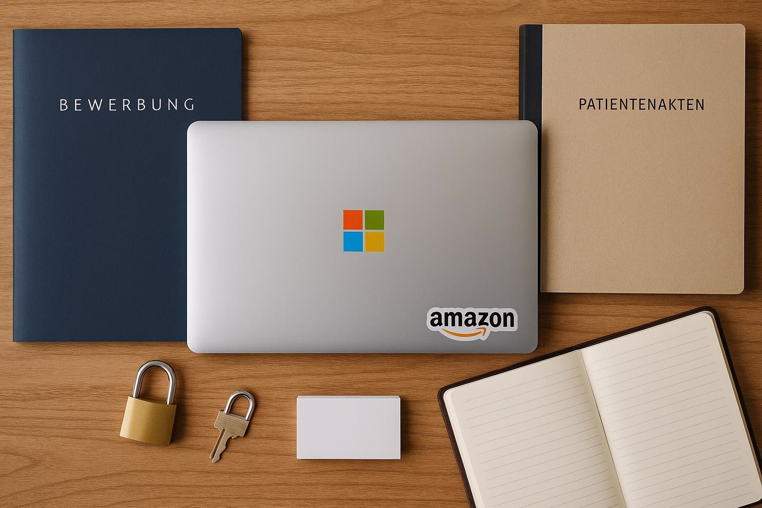 KDB Tech-Update 202505011506 Laptop auf Holzschreibtisch mit Stickern, Ordnern für Bewerbung und Patientenakten sowie Vorhängeschloss, Visitenkarten und Notizbuch.