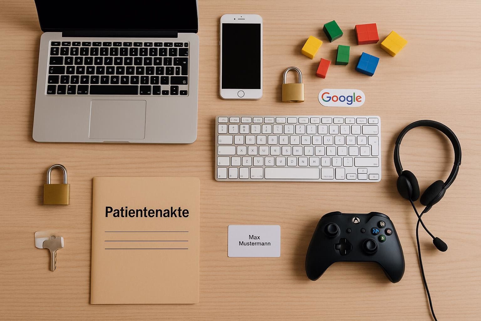KDB Tech-Update 202505021502 Schreibtisch mit verschlossener Aktenmappe „Patientenakte“, Laptop, Tastatur, Smartphone, Kopfhörern, Gamepad und bunten Bausteinen; Symbol für Arbeit und Datensicherheit.