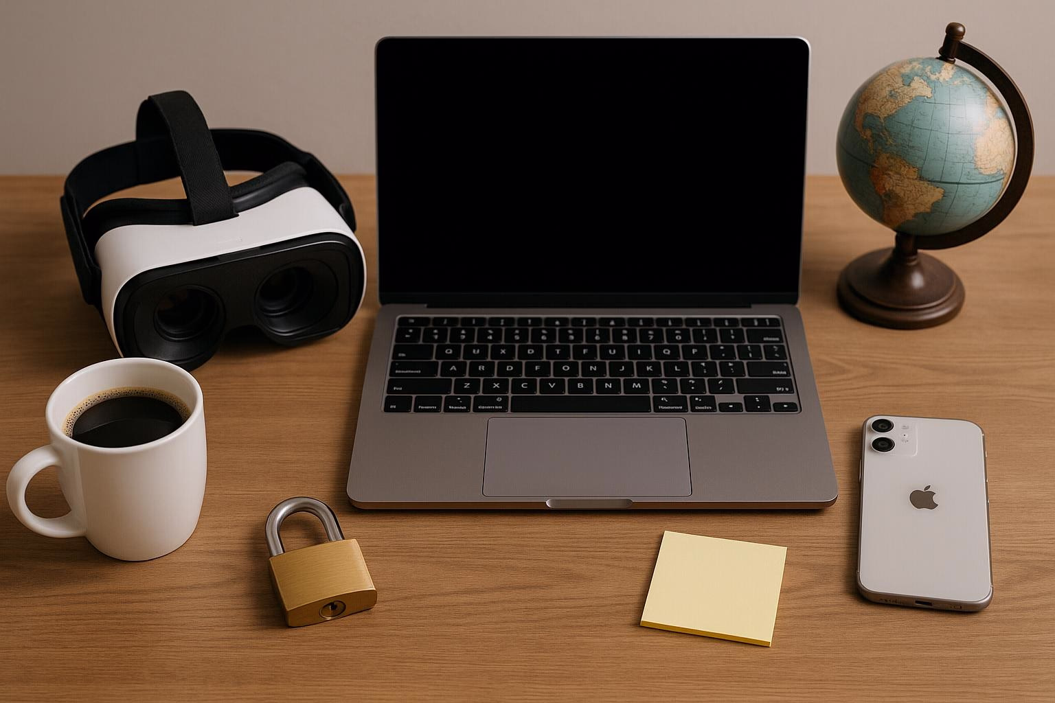 KDB Tech-Update 202505030501 Schreibtisch mit Laptop, VR‑Headset, Smartphone, Globus, Kaffeetasse und Vorhängeschloss; symbolisiert gesicherte, digitale Arbeit und Orientierung.
