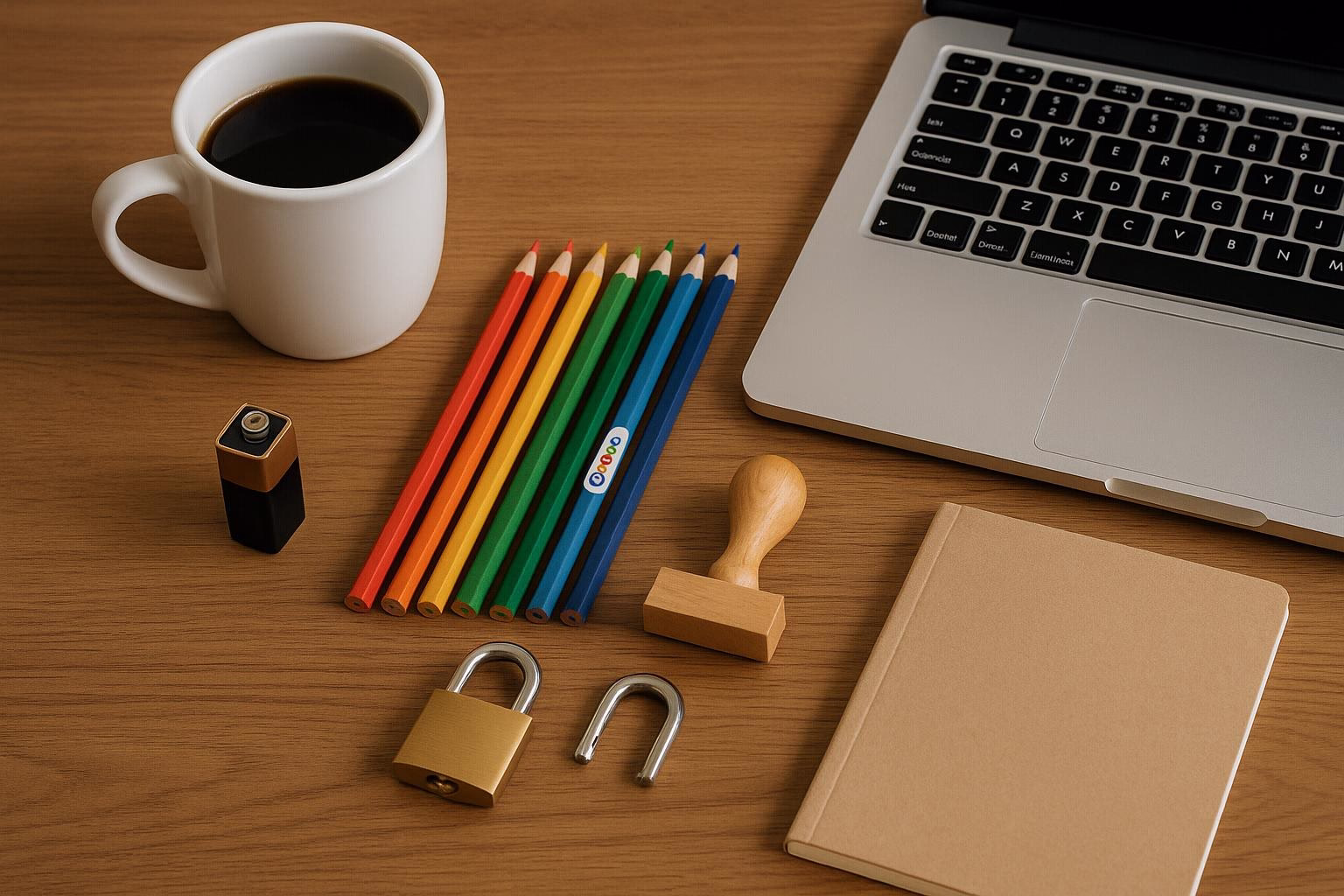 KDB Tech-Update 202505040503 Schreibtisch mit Laptop, Kaffeetasse, bunten Stiften, Stempel und Notizbuch; Arbeitsmaterial zum Planen und Schreiben.