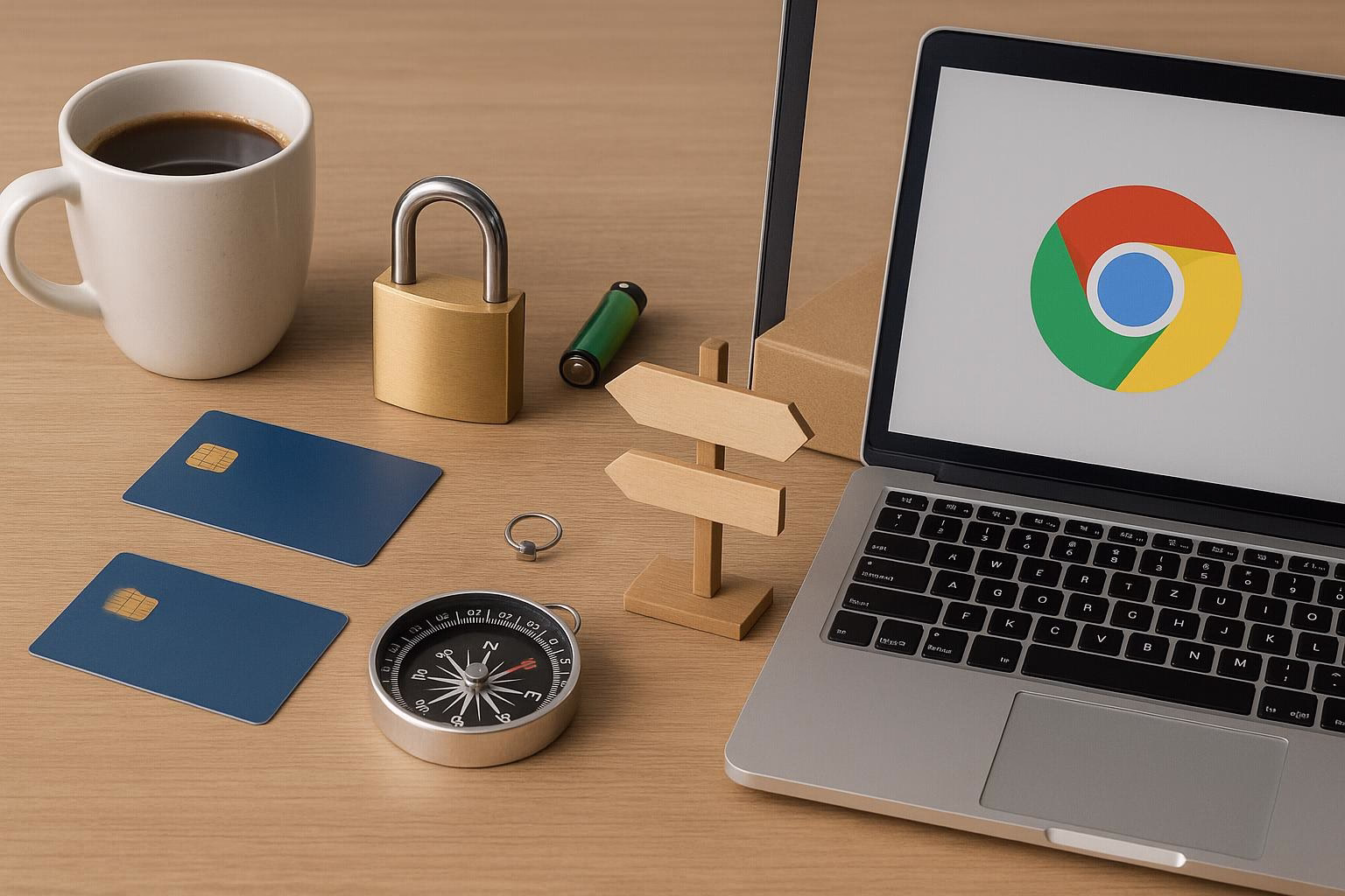 KDB Tech-Update 202505041504 Schreibtisch mit Kaffeetasse, Laptop mit Chrome-Logo, Kreditkarten, Schloss, Kompass und Wegweiser; Visualisiert Sicherheit und technische Orientierung.