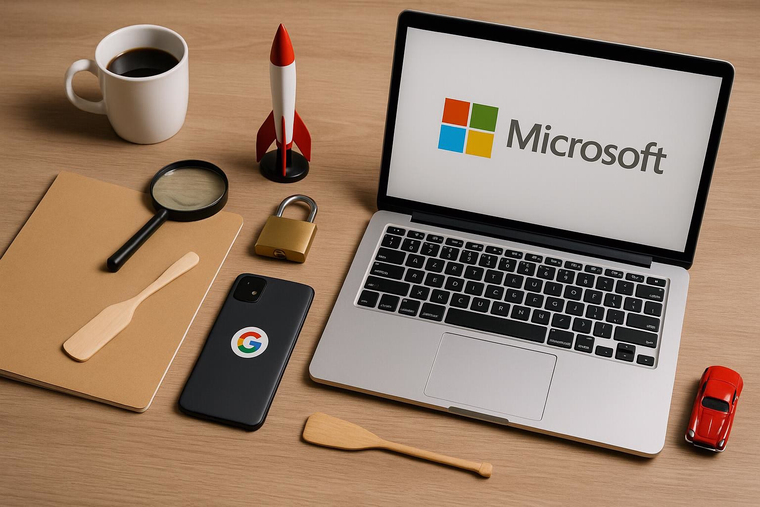 KDB Tech-Update 202505050502 Arbeitsplatz: Laptop, Smartphone, Kaffee, Lupe und Vorhängeschloss auf Tisch; zeigt Schutz, Recherche und produktives Arbeiten.