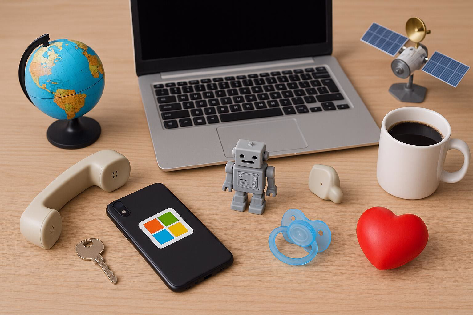 KDB Tech-Update 202505051501 Schreibtisch mit Laptop, Globus, kleiner Roboterfigur, Handy, Tablet-Symbolmodell, Tasse, Schnuller und Herz-Stressball. Technikorientierte Stimmung.