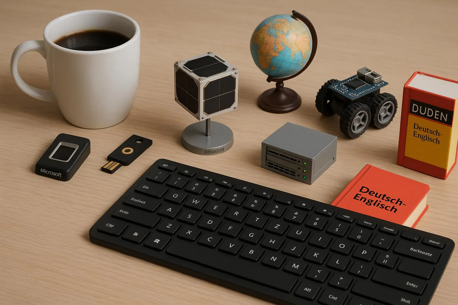 KDB Tech-Update 202505060501 Schreibtisch mit Kaffeetasse, Tastatur, Globus, Miniatur-Satellit, Servermodell, Roboterauto und Lernbüchern „Deutsch-Englisch“ sowie Technikteilen