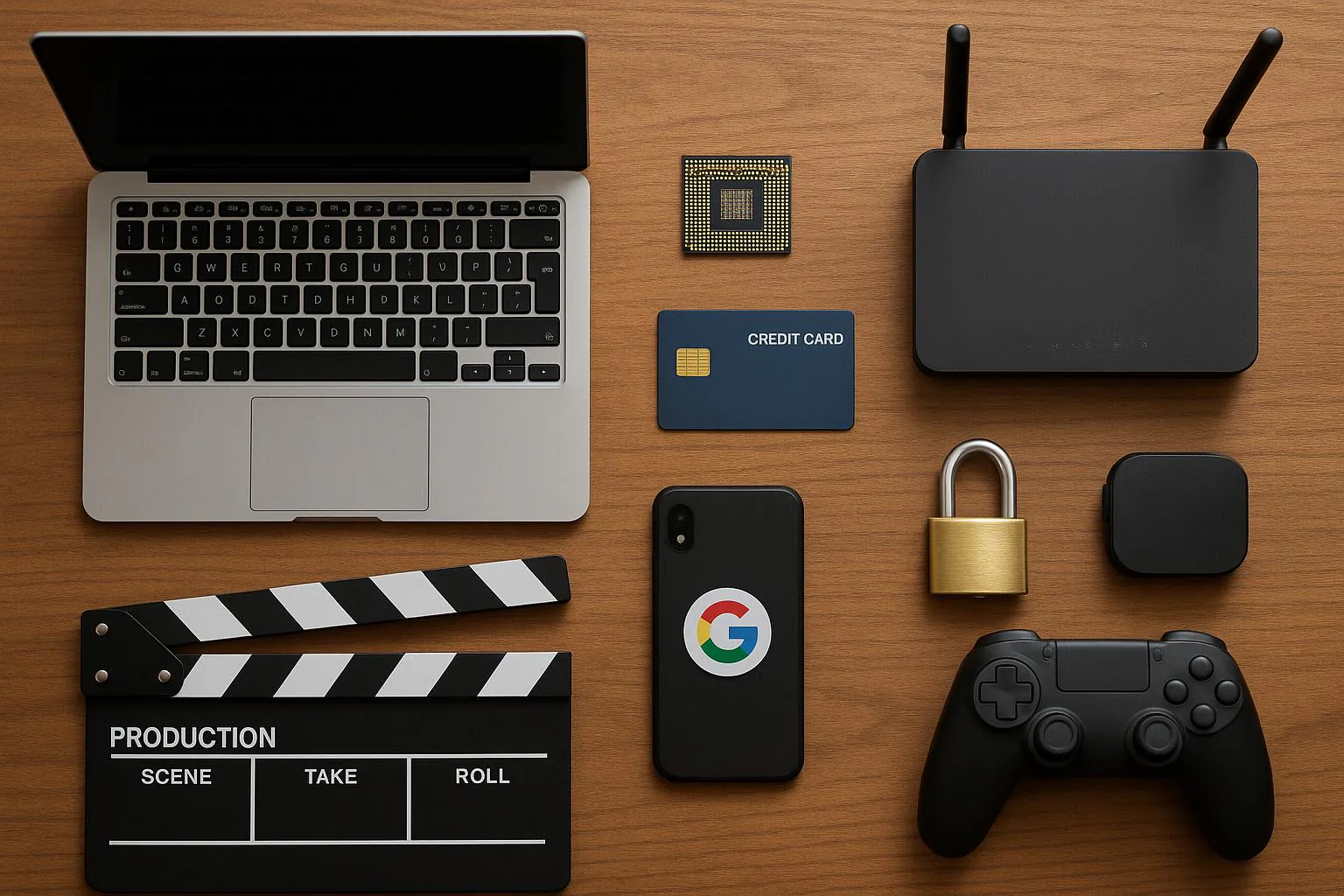 KDB Tech-Update 202505061504 Schreibtisch-Setup mit Laptop, Mikrochip, Kreditkarte, Smartphone-Aufkleber, WLAN-Router, Vorhängeschloss, Filmklappe und Game-Controller; Technik- und Sicherheitsthema.