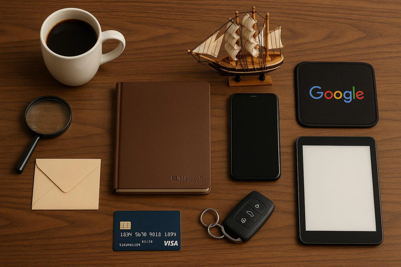 KDB Tech-Update 202505070505 Schreibtisch-Layout mit Kaffeetasse, Modellschiff, Lupe, Briefumschlag, Notizbuch, Smartphone, Kreditkarte, Autoschlüssel, Tablet und Zubehör.