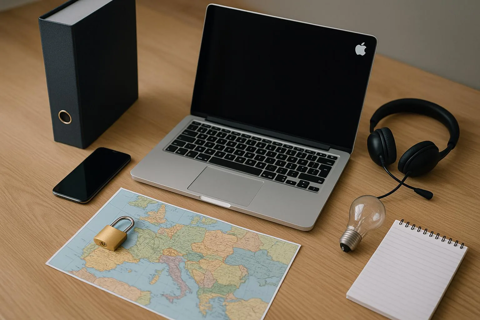 KDB Tech-Update 202505081504 Schreibtisch mit geöffnetem Laptop, Smartphone, Headset, ordnerartigen Ablagen, Europakarte und Notizblock; Steuerelemente fürs Arbeiten und Planen.