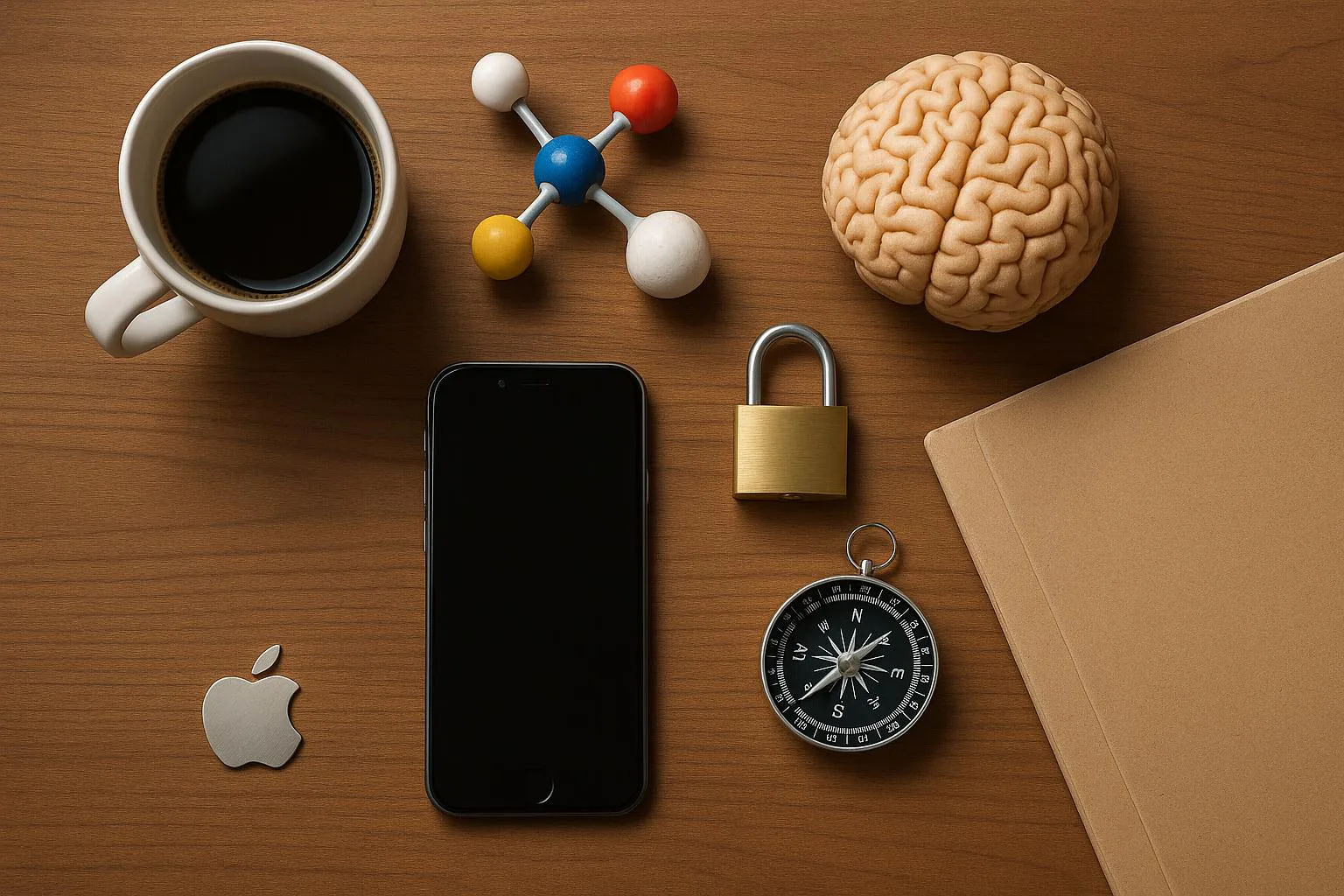 KDB Tech-Update 202505090504 Schreibtisch-Arrangements: Tasse, Smartphone, Atom- und Gehirnmodelle, Kompass, Vorhängeschloss und Aktenordner als Symbol für Wissen & Sicherheit.
