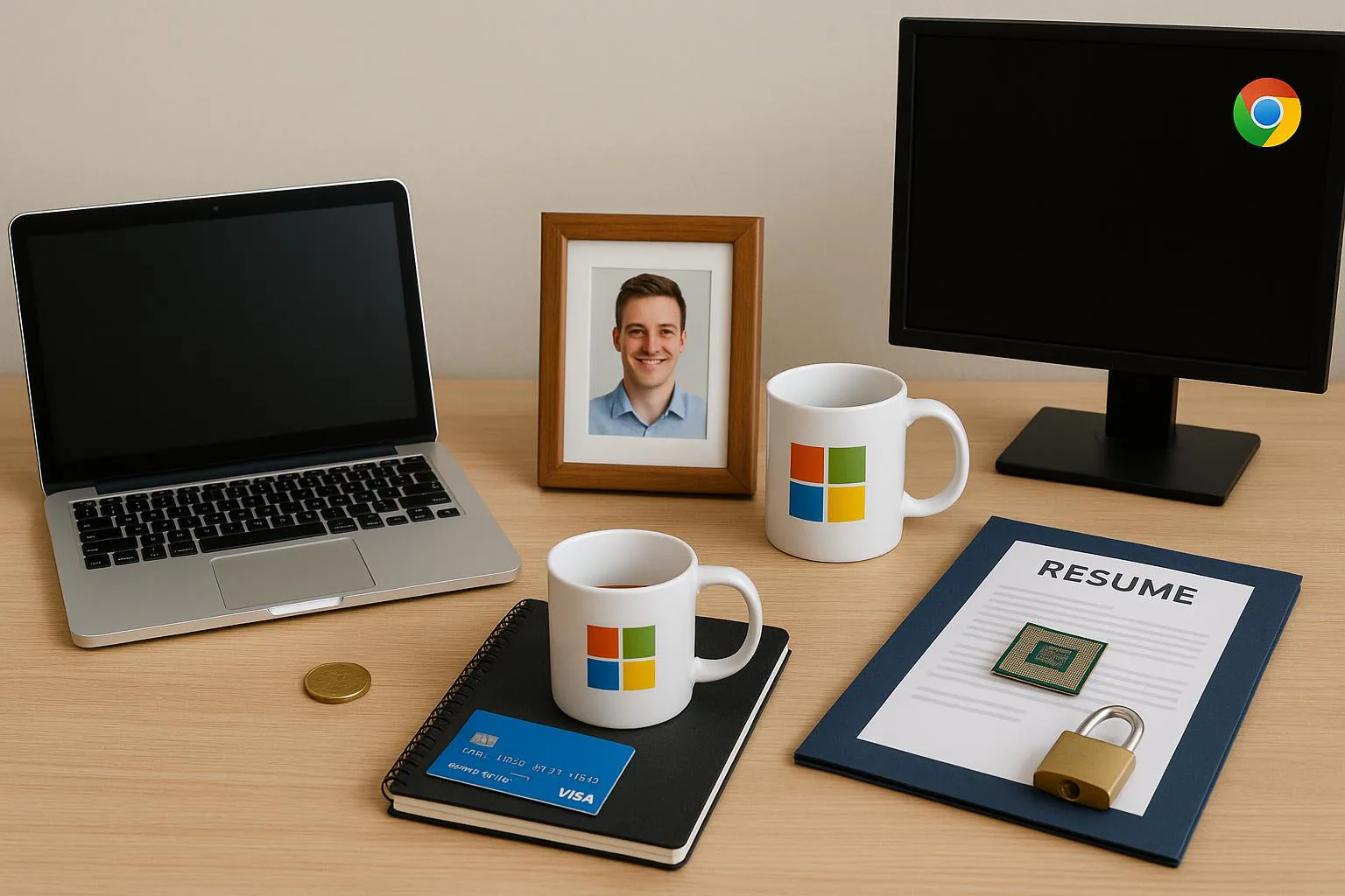 KDB Tech-Update 202505091501 Schreibtisch mit Laptop, Monitor, zwei Tassen, Notizbuch, Kreditkarte, Münze, Bewerbungsmappe und Vorhängeschloss; Arbeits- und Sicherheitsmotif.