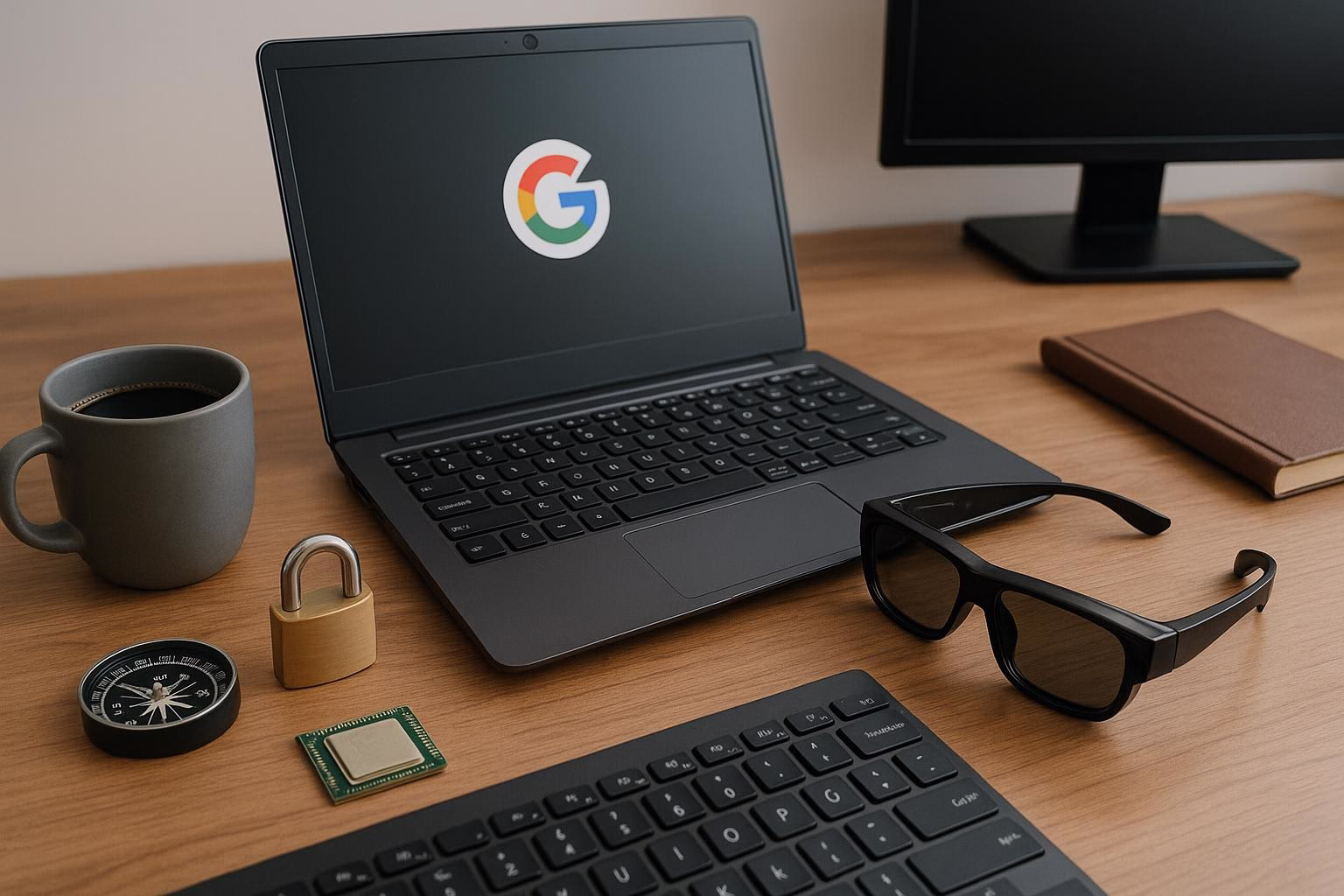KDB Tech-Update 202505100501 Schreibtisch mit geöffnetem Laptop, KI-Brille, Magnetkompass und Prozessorchip; Kaffeetasse und Schloss als Symbol für Technik, Schutz und Orientierung.