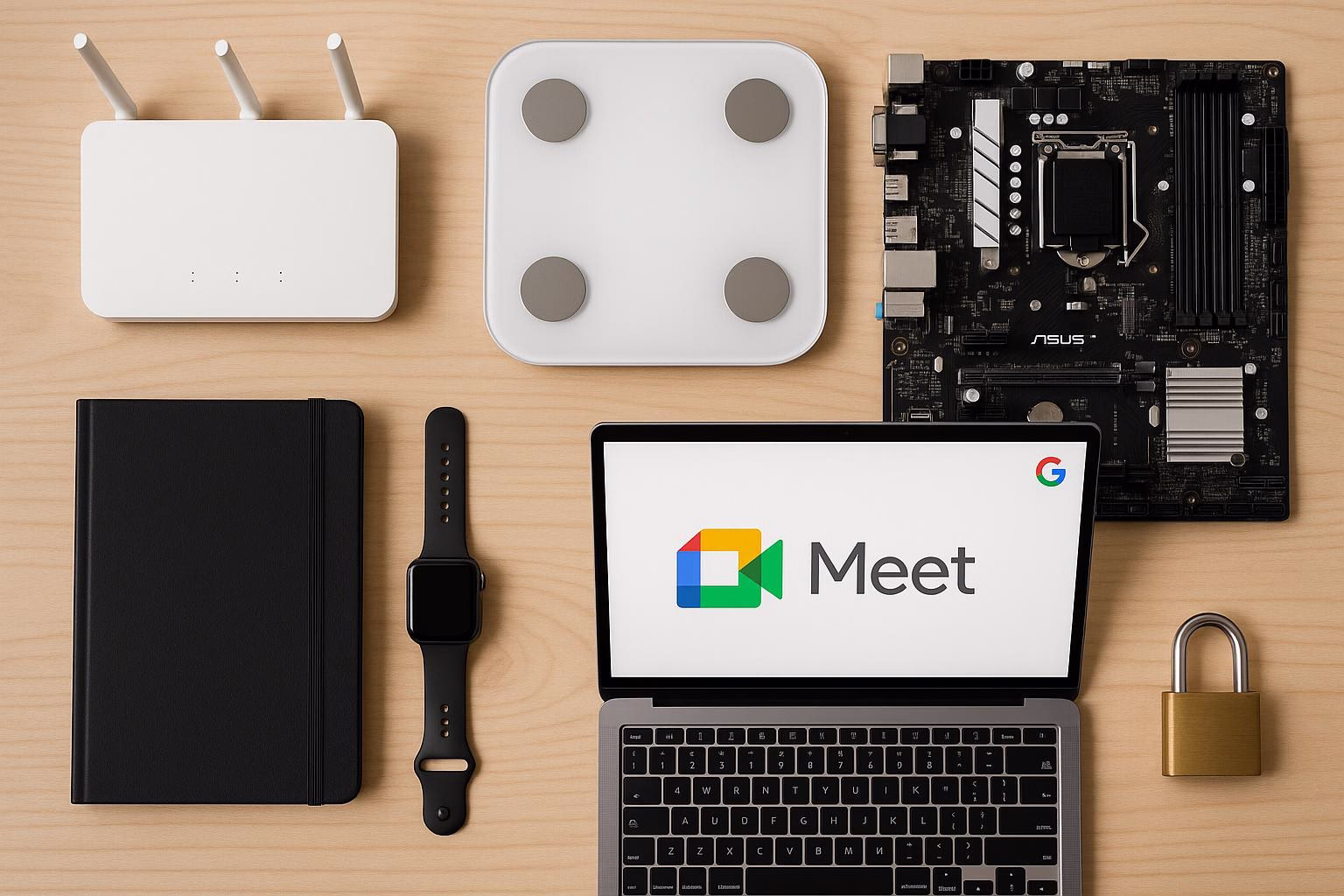 KDB Tech-Update 202505121501 Schreibtisch-Setup mit Router, Mainboard und Laptop mit „Meet“-Logo; nebenan Smartwatch, Notizbuch und Vorhängeschloss zur Technik-Absicherung.
