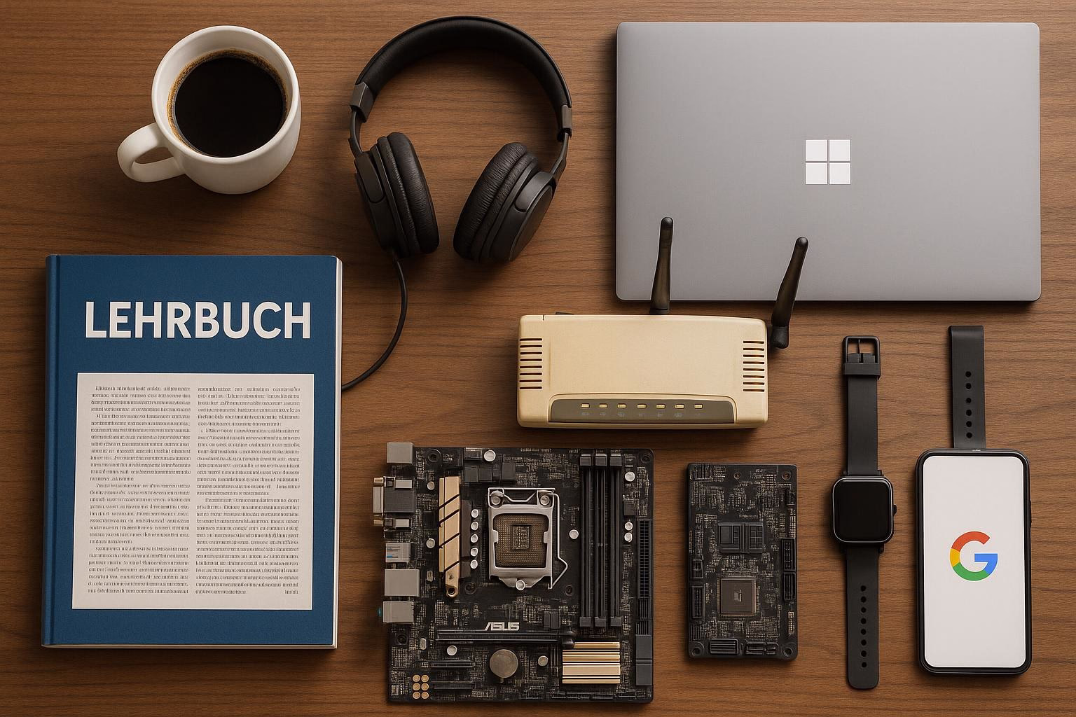 KDB Tech-Update 202505130505 Schreibtisch mit Tasse Kaffee, Lehrbuch, Kopfhörern, Laptop, geöffnetem Mainboard, Router und Smartphone zur Technik-Übersicht.