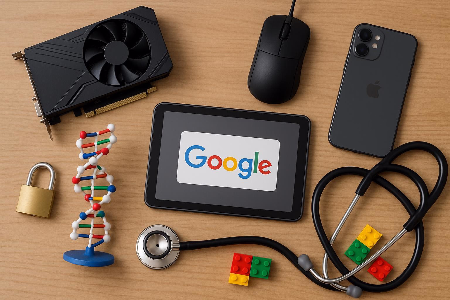 KDB Tech-Update 202505131504 Schreibtisch-Übersicht mit Grafikkarte, Tablet mit „Google“-Logo, Smartphone, Maus, Stethoskop, DNA-Modell und Legosteinen zur Technik-Health-Illustration.
