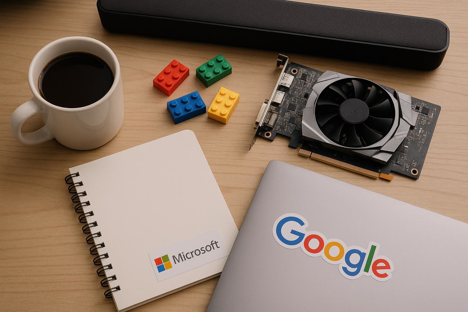 KDB Tech-Update 202505140504 Schreibtisch mit Tasse, LEGO-Steinen, Grafikkarte, Notizbüchern und Soundbar; symbolisiert Technik-Update/Setup und Arbeitsmaterialien.
