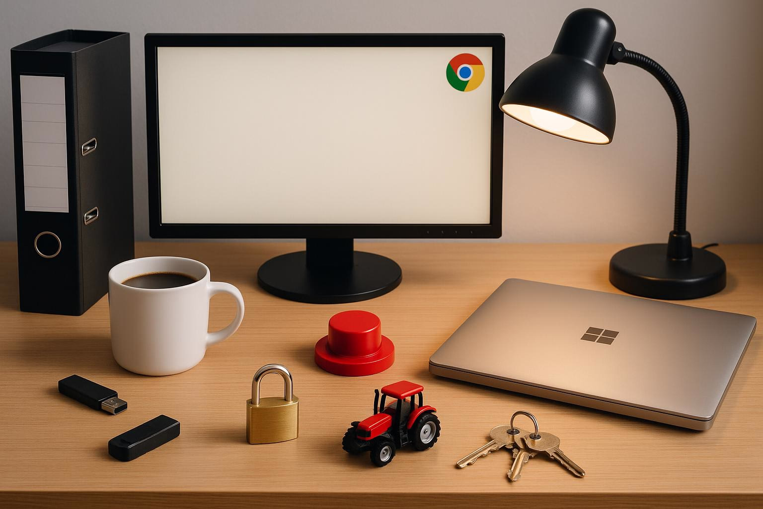 KDB Tech-Update 202505141505 Schreibtisch mit Monitor, Kaffeetasse, Laptop, rotem Knopf, Vorhängeschloss und Schlüsseln; beleuchtete Technik- und Sicherheitsanmutung.