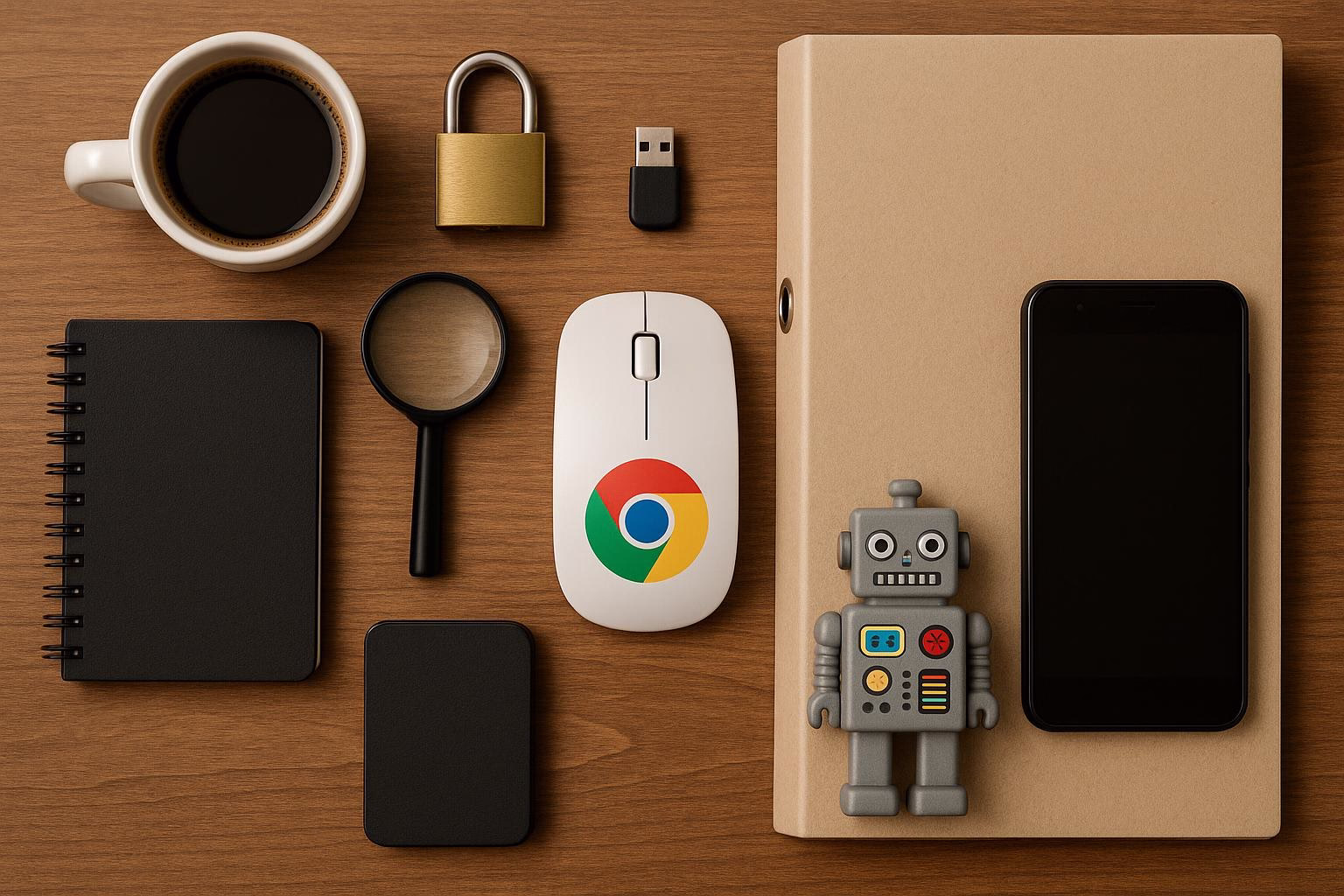 Schreibtisch-Übersicht mit Tasse, geschütztem USB-Stick, Maus, Smartphone, Notizbuch und Roboterfigur als Symbol für Technik und Sicherheit.
