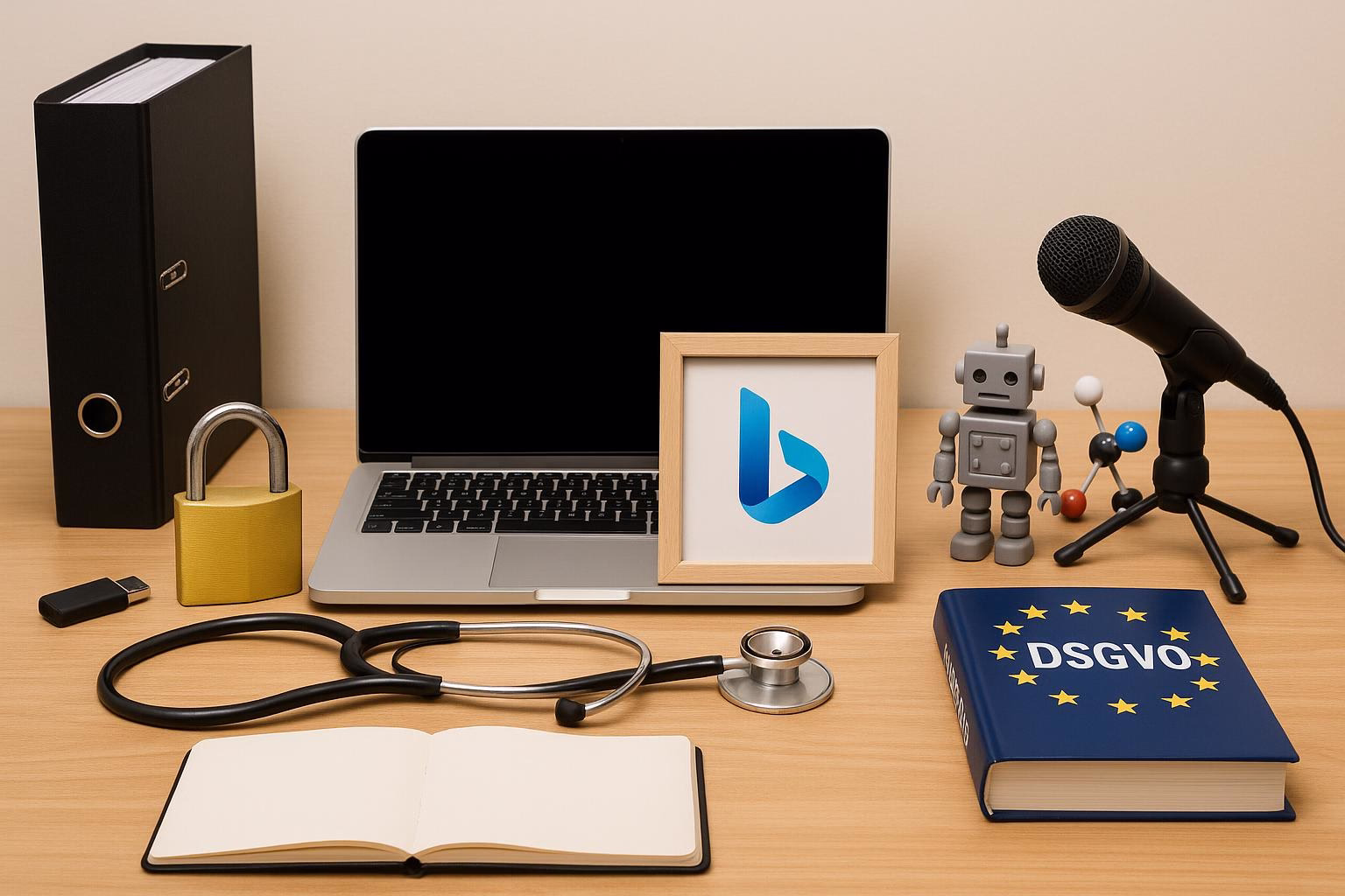 Schreibtisch mit Laptop, Stethoskop, Mikrofon, DSGVO-Buch und Modellfiguren als Symbol für Technik, Sicherheit und Datenschutz.