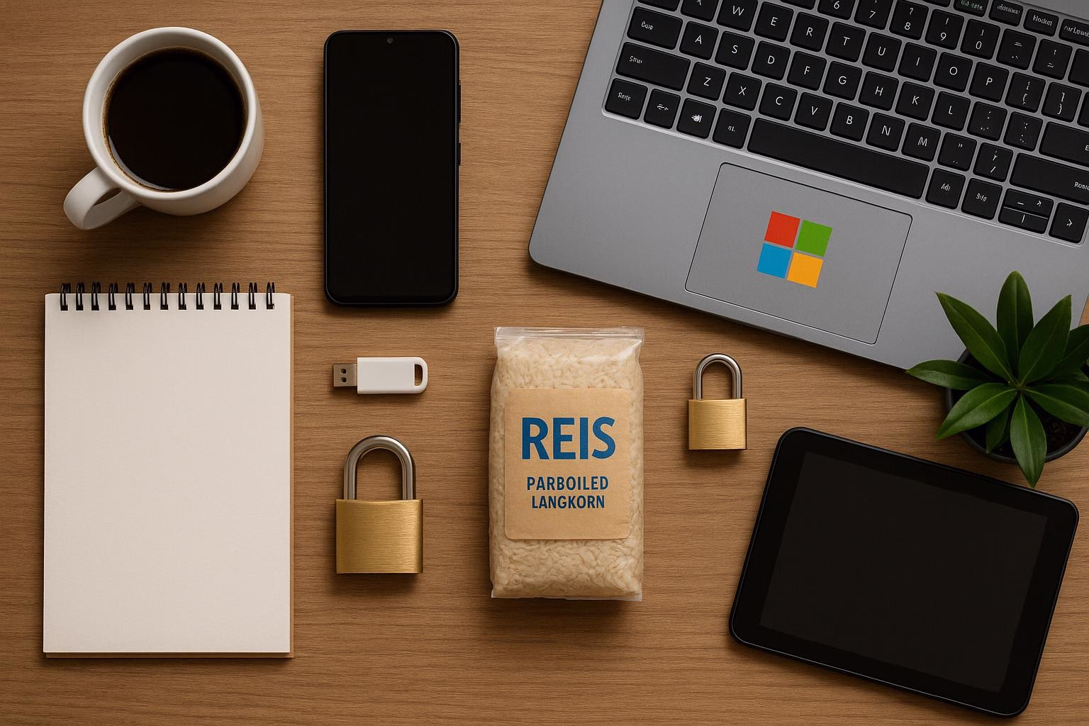 KDB Tech-Update 202505170504 Arbeitsplatz-Übersicht: Laptop mit Symbol, Smartphone, USB-Stick, Notizblock, Kaffeetasse, verschlossene Behälter und Pflanze.