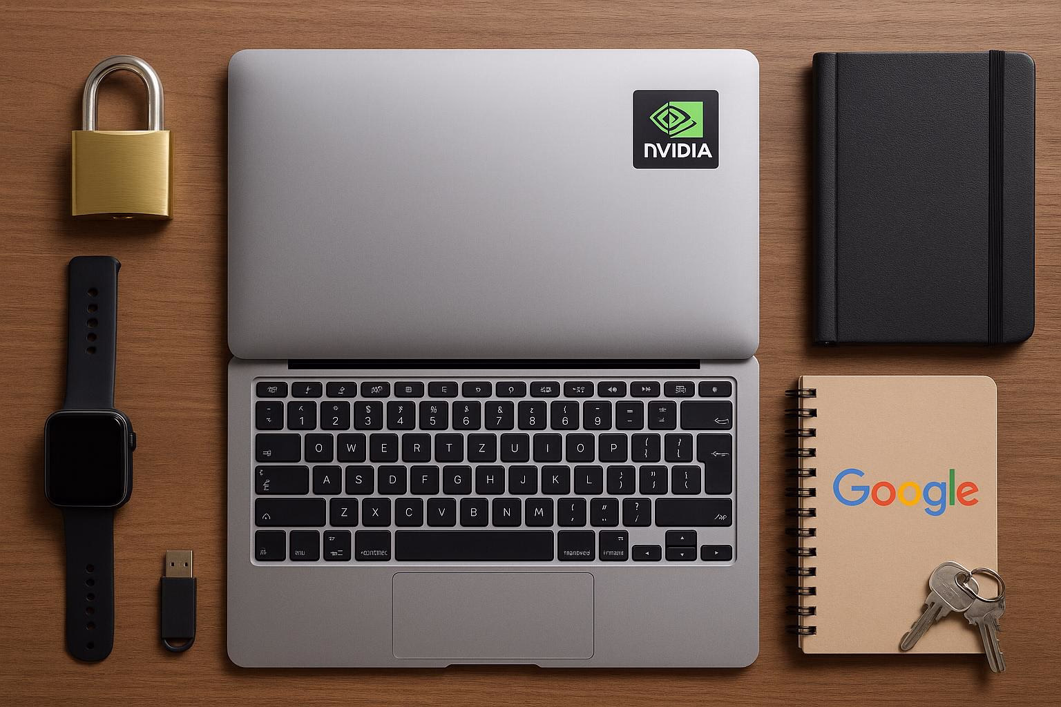KDB Tech-Update 202505171504 Laptop auf Holzoberfläche, daneben Smartwatch, USB-Stick, Vorhängeschloss, Notizbuch und Schlüsselbund. Symbole für Technik und Sicherheit.