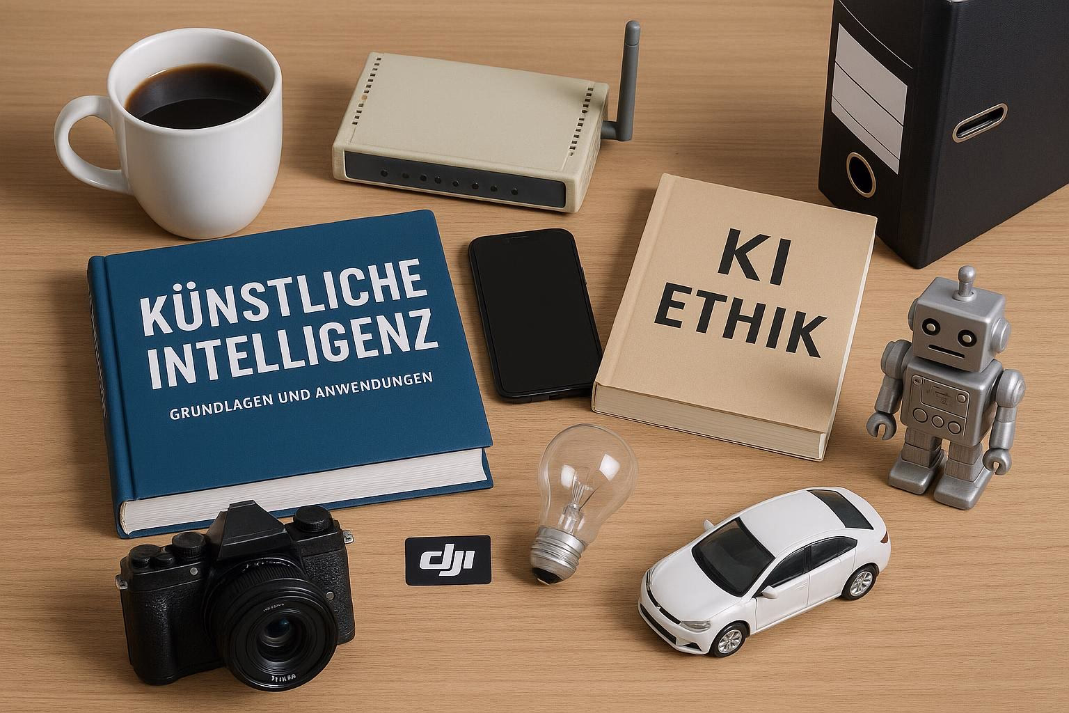 KDB Tech-Update 202505180506 Schreibtisch mit Kaffeetasse, Router, Smartphone, Buch „KI-Ethik“, Modellauto, Roboterfigur, Kamera und Glühbirne als Symbol für Technologie und KI.